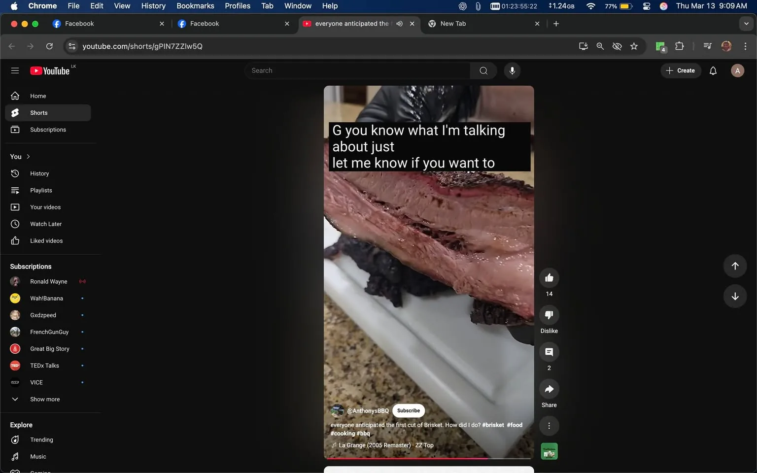 The image shows a YouTube Shorts video interface displayed on a dark-themed browser window. The video features a close-up of a piece of brisket, which is a cut of beef. The brisket appears to be well-cooked, with a visible pink interior and a dark, charred exterior. It is placed on a white cutting board, and the texture of the meat suggests it is tender and juicy.

Overlaid on the video is text that reads: "G you know what I'm talking about just let me know if you want to." This text is in a bold, white font against a black background, making it easily readable.

In the background of the video, there is a blurred kitchen setting, suggesting a home cooking environment. The countertop appears to be a light color, possibly granite or a similar material, which contrasts with the dark tones of the video interface.

On the left side of the browser window, there are various sections visible, including "Home," "Shorts," "Subscriptions," and "Explore," indicating the user’s navigation options on YouTube. The "Subscriptions" section lists several channels, including names like "Ronald Wayne," "WahlBanana," and "Gxd2speed," among others.

At the bottom of the video, there are icons for liking, disliking, sharing, and commenting, along with a small profile icon indicating the user’s account. The video also includes a timestamp showing the current time as 1:23:55 AM.

Overall, the image captures a moment focused on food preparation, specifically the presentation of brisket, within the context of a social media platform.
