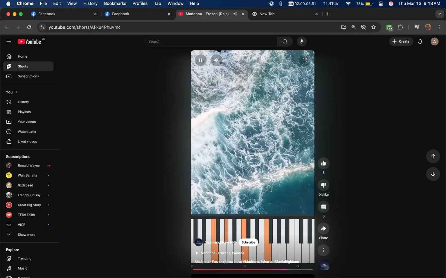 The image displays a YouTube Shorts interface on a dark background. The main content features an aerial view of ocean waves, showcasing a mix of turquoise and white foam as the water crashes against the shore. The waves appear dynamic and textured, with varying shades of blue and white, indicating movement and depth.

At the bottom of the screen, there is a virtual piano keyboard displayed, consisting of white and black keys. Some keys are highlighted in orange, suggesting they may be playable or relevant to the content. Below the keyboard, there is a text overlay that reads "Madonna - Frozen (Relax intro)" along with hashtags: #Madonna #shorts #SaniaRightone. 

On the left side of the screen, there are navigation options typical of YouTube, including "Home," "Shorts," and "Subscriptions," with a list of subscriptions visible, featuring names like "Ronald Wayne," "WahlBanana," and "Gxd2speed." 

The top of the screen includes the YouTube logo and a search bar, while the bottom right corner shows options for liking, disliking, sharing, and commenting on the video. The overall layout is consistent with YouTube's design, emphasizing video content and user interaction. 

No people are visible in the image, and there are no identifiable brands or logos apart from the YouTube interface itself. The setting is entirely digital, focused on multimedia content consumption.