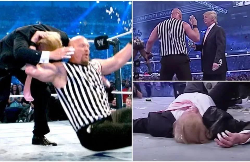 The image features a wrestling scene with multiple panels depicting a dramatic moment. 

1. **Top Left Panel**: 
   - A wrestler, possibly wearing a suit, is shown in a dynamic pose, seemingly in the act of delivering a move to another individual. 
   - The wrestler has blonde hair and is wearing a black suit with a white shirt and a tie. 
   - The other individual, possibly a referee, is in a striped black and white shirt, appearing to be in a vulnerable position as he is falling backward.

2. **Top Right Panel**: 
   - The referee, still in his striped shirt, is standing upright with his hand raised, possibly signaling something to the audience or the wrestlers.
   - In front of him, a man in a suit (similar to the one in the first panel) is facing him, appearing to engage in conversation or negotiation. 
   - The background is filled with a large audience and bright lights, indicating a wrestling event atmosphere.

3. **Bottom Panel**: 
   - The same man in the suit is now lying on the ground, face down, with his hair disheveled. 
   - He appears to be in a defeated position, with his arms slightly outstretched.
   - There is debris or confetti scattered around him, adding to the chaotic scene.

**Setting and Context**: 
- The overall setting is a wrestling ring, likely during a major event given the audience and lighting. 
- The atmosphere suggests high energy and drama typical of professional wrestling matches.

**Logos and Branding**: 
- The WWE logo is visible in the background, indicating the event is affiliated with World Wrestling Entertainment.

**Clothing and Appearance**: 
- The individuals are dressed in formal wrestling attire, with one in a suit and the other in a referee uniform. 
- The expressions and actions suggest a scripted confrontation typical in wrestling storylines.

This description captures the observable details without inferring emotions or relationships.