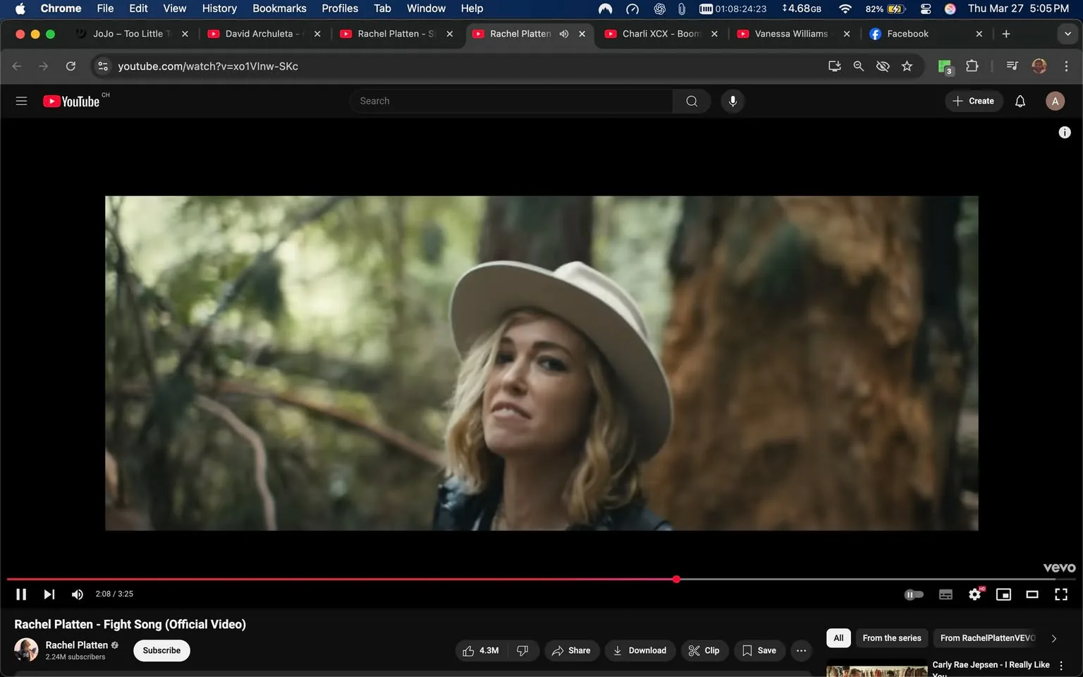 The image shows a scene from a music video featuring a woman with shoulder-length, wavy blonde hair. She is wearing a wide-brimmed white hat and a black leather jacket. Her expression appears contemplative, with a slight smile as she looks slightly off-camera. The background consists of a lush, green forest with blurred foliage, suggesting a natural outdoor setting. There are tall trees and a soft, diffused light filtering through the leaves, creating a serene atmosphere.

The video is currently playing at the 2:08 mark out of a total duration of 3:25. Below the video, there are various controls visible, including a play/pause button, a timeline slider, and options to share, download, or save the video. The title of the video is "Rachel Platten - Fight Song (Official Video)," and it appears to be hosted on YouTube, indicated by the logo in the top left corner. The channel name "Rachel Platten" is displayed, along with a subscriber count of 2.24 million.

The overall color palette of the scene is warm and earthy, with greens and browns dominating, contributing to a feeling of tranquility and connection to nature. The woman’s outfit and the setting suggest a casual yet stylish vibe, typical of a music video focused on themes of empowerment and resilience.