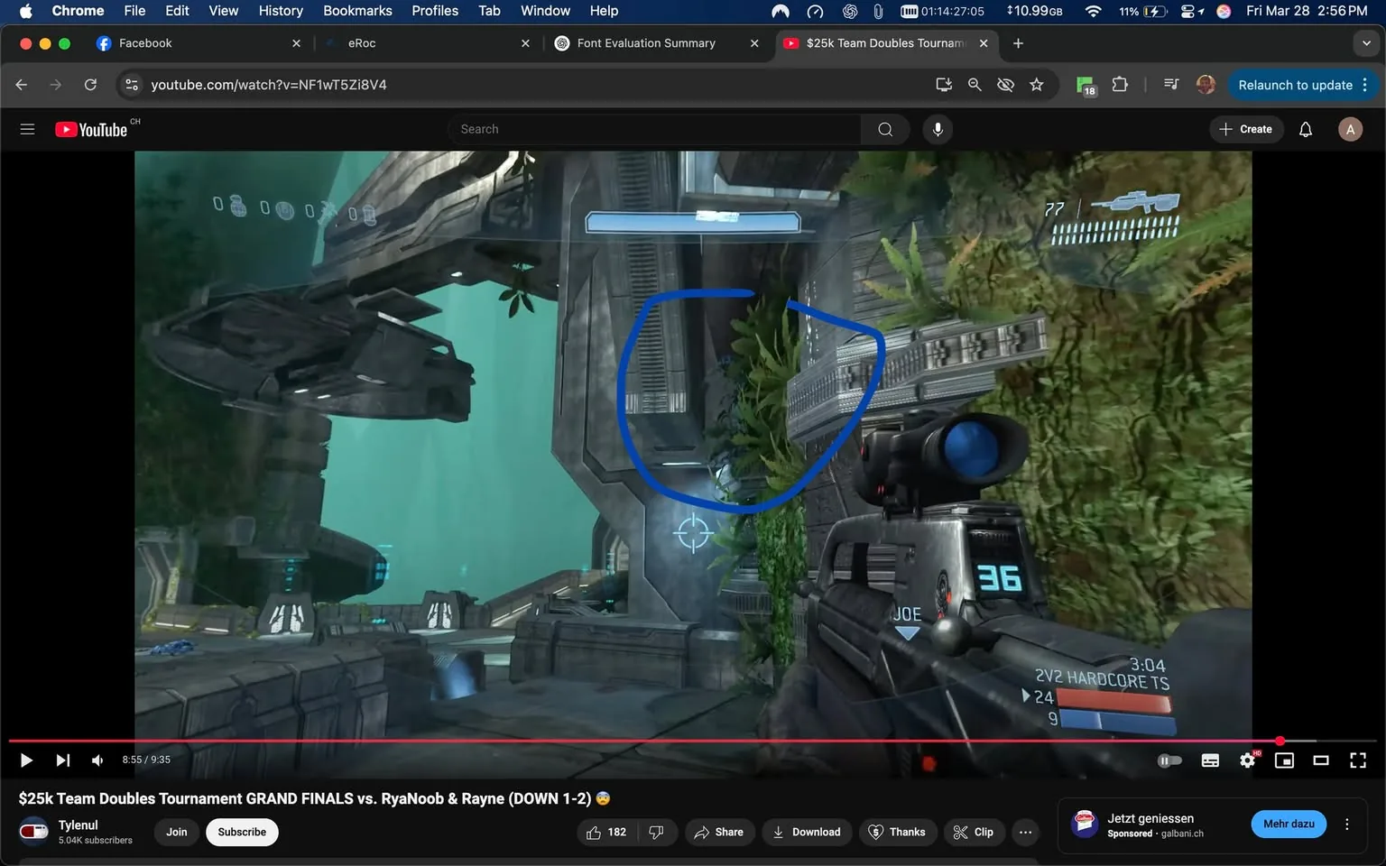 The image shows a scene from a video game, specifically a first-person shooter. The setting appears to be a futuristic environment with a mix of metallic structures and greenery. 

1. **Background and Environment**: 
   - The background features a large, turquoise body of water, suggesting an underwater or coastal setting. 
   - There are various structures made of metal, with a combination of angular and curved designs. 
   - On the right side, there are plants or foliage growing on the walls, indicating a blend of nature with technology.

2. **Foreground Elements**: 
   - In the foreground, a character is visible, holding a weapon. The weapon appears to be a futuristic firearm, possibly resembling a sniper rifle, with a large scope.
   - The character is wearing armor, which is gray with some blue accents. The number "36" is visible on the armor, possibly indicating a player or character ID.

3. **User Interface**: 
   - There are various HUD (Heads-Up Display) elements visible, including a health bar and ammunition count. The health bar shows "24" and "9" for two different types of ammunition.
   - A targeting reticle is centered on the screen, indicating the character's aim.

4. **Text and Labels**: 
   - The text "JOE" is displayed on the character's armor, likely indicating the player's name or character name.
   - There is a blue outline drawn around a specific area in the image, possibly highlighting a point of interest or a location within the game.

5. **Overall Composition**: 
   - The image is framed in a way that emphasizes the character and the surrounding environment, with a focus on the interaction between the character and the game world.

This description captures the observable details without interpretation or speculation.