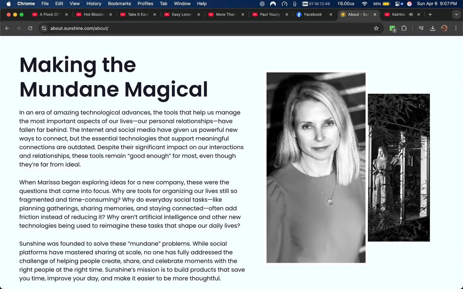 The image features a webpage titled "Making the Mundane Magical." The text is presented in a clean, modern font, predominantly in black against a light background. The main heading is bold and large, emphasizing the theme of transforming everyday tasks into something special.

The body of the text discusses the impact of technology on personal relationships, highlighting how current tools for managing these relationships are outdated. It poses questions about the effectiveness of existing social media and organizational tools, suggesting that they often complicate rather than simplify social interactions. The text also mentions the founder, Marissa, and her exploration of ideas for a new company aimed at addressing these challenges.

To the right of the text, there is a black-and-white photograph of a woman with long, straight blonde hair, wearing a simple, elegant top. She has a neutral expression, looking directly at the camera. The background of the photo appears to be a textured wall, possibly brick. 

Adjacent to this image is another black-and-white photo that shows a reflection of a woman in a window, surrounded by greenery, suggesting an outdoor or garden setting. The overall layout of the webpage is minimalistic, with ample white space, enhancing readability and focus on the content.

No logos, trademarks, or additional brands are visible in the image. The setting appears to be a digital platform, likely a company or personal website, aimed at discussing innovative solutions for social interaction and relationship management.