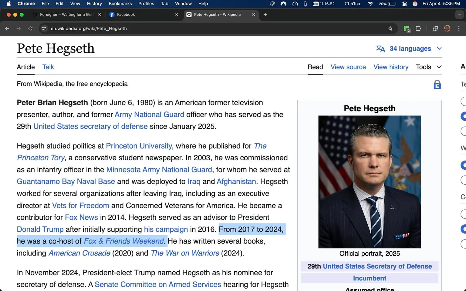The image is a screenshot of a Wikipedia page dedicated to an individual named Pete Hegseth. The page includes a header with the title "Pete Hegseth" prominently displayed at the top. Below the title, there is a brief introductory paragraph that provides basic information about him, including his full name, date of birth (June 6, 1980), and his roles as a television presenter, author, and former Army National Guard officer. It notes that he has served as the 29th United States Secretary of Defense since January 2025.

To the right of the text, there is an official portrait of Pete Hegseth. In the portrait, he is dressed in a dark suit with a white dress shirt and a striped tie that features shades of blue. He has short, neatly styled hair and is looking directly at the camera with a serious expression. The background of the portrait includes an American flag and what appears to be a blue flag with an emblem, possibly representing the military or government.

The text on the page continues with details about Hegseth's education at Princeton University, his military service, and his involvement with various organizations after leaving Iraq. It mentions his role as a co-host on "Fox & Friends Weekend" from 2017 to 2024 and his authorship of several books, including "American Crusade" and "The War on Warriors."

At the bottom of the image, there is a section labeled "Official portrait, 2025," along with the title "29th United States Secretary of Defense" and the word "Incumbent" indicating his current position. The overall layout is typical of a Wikipedia entry, with a clean, organized structure that includes hyperlinks for further reading. The background of the page is white, and the text is in black, with some sections highlighted in blue for emphasis.