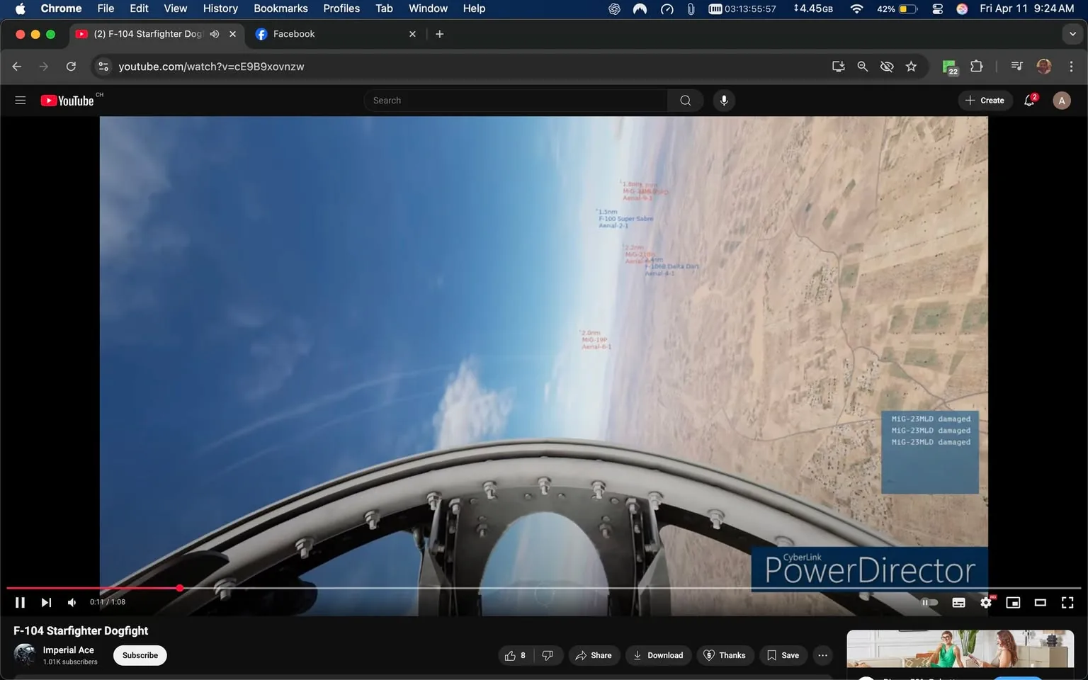 The image depicts a screenshot from a YouTube video titled "F-104 Starfighter Dogfight," uploaded by a channel named "Imperial Ace," which has 1.01K subscribers. The video player interface is visible at the bottom, showing a play button, timeline, volume control, and options to share, download, and save the video.

In the foreground, the cockpit of a fighter jet is prominently displayed, with a curved canopy framing the view. The cockpit features several metallic bolts and a circular opening in the center. The view outside the cockpit shows a clear blue sky with a few scattered clouds, and the ground below is a mix of sandy terrain and patches of vegetation, indicating a desert-like environment.

On the right side of the image, there are several labels and annotations in red and blue text, indicating various aircraft and their statuses. The text includes:

- "1.5 km" next to "F-100 Super Sabre"
- "2.0 km" next to "MiG-23MLD damaged"
- "1.0 km" next to "Aerial 2-1"
- "Aerial 4-1" next to "1.0 km"
- "Aerial 6-1" next to "2.0 km"
- "MiG-23MLD damaged" repeated three times in blue text.

The background features a vast expanse of land with a mix of light brown and green patches, suggesting agricultural areas or settlements. The overall composition gives the impression of an aerial dogfight scenario, with the cockpit view emphasizing the action-oriented context of the video. The video is set against a backdrop of military aviation, specifically focusing on the F-104 Starfighter and its interactions with other aircraft. 

No people are visible in the image, and there are no identifiable logos or trademarks apart from the YouTube branding and the "PowerDirector" watermark in the lower right corner, indicating the video editing software used.
