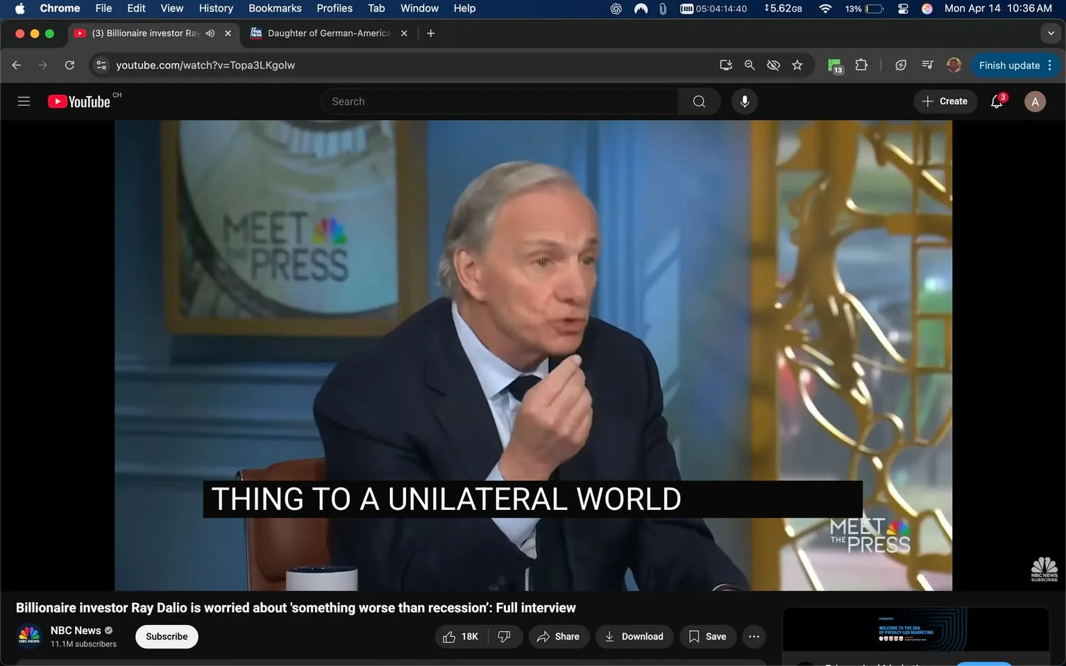The image depicts a scene from a video interview, likely from a news program. 

**Text and Logos:**
- The visible text includes "MEET THE PRESS," which is prominently displayed in the background, indicating the program's title. The logo features the NBC peacock emblem, suggesting it is an NBC News segment.
- There is also a subtitle at the bottom of the image that reads, "Billionaire investor Ray Dalio is worried about 'something worse than recession': Full interview." This text is in a bold, white font against a black background, making it easily readable.
- Another line of text visible in the middle of the image states, "THING TO A UNILATERAL WORLD," which appears to be a quote or statement made by the person being interviewed.

**Person:**
- The individual speaking appears to be a middle-aged man with light gray hair, styled back. He has a fair complexion and is wearing a dark suit jacket over a light blue dress shirt, complemented by a dark tie.
- His facial expression is serious, and he is gesturing with his right hand, holding his fingers in a pinching motion, which suggests he is emphasizing a point during his speech.
- The man is seated at a table, and there is a white cup or mug in front of him on the table.

**Setting and Background:**
- The background features a well-lit studio environment, with a blurred backdrop that includes elements of a modern news set. There are decorative elements that appear to be part of the studio design, including a golden abstract structure on the right side of the image.
- The overall color palette of the setting includes soft blues and warm tones, contributing to a professional and polished appearance typical of news broadcasts.

**Overall Context:**
- The image captures a moment from a televised interview, likely discussing economic or geopolitical issues, given the context of the speaker and the content of the visible text. The setting is formal, consistent with a news interview format. 

This description encompasses all observable details without speculation or subjective interpretation.