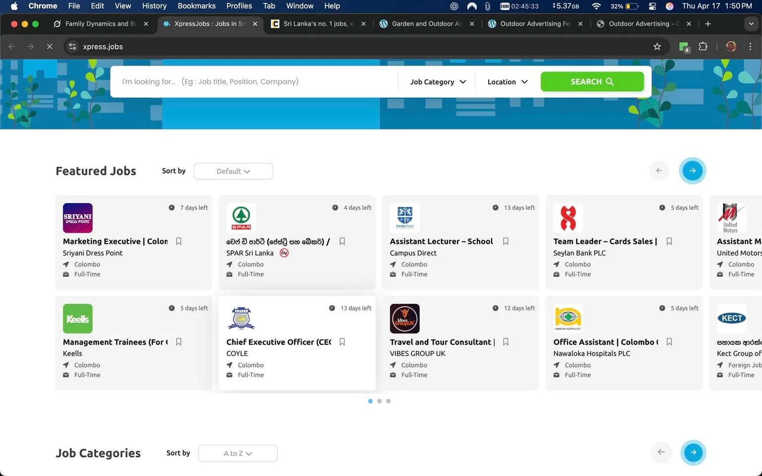The image displays a webpage from a job listing site titled "XpressJobs." The top section features a search bar with the placeholder text "I'm looking for: (Eg: Job title, Position, Company)" and a green "SEARCH" button. The background of the header includes a blue and green design with abstract shapes and plant-like illustrations.

Below the header, there is a section labeled "Featured Jobs," which contains several job listings. Each job listing is presented in a rectangular card format. The details of the job listings are as follows:

1. **Marketing Executive | Colombo**
   - Company: Sriyani Dress Point
   - Time left: 7 days
   - Employment type: Full-Time

2. **(Text in Sinhala)**
   - Company: SPAR Sri Lanka
   - Time left: 4 days
   - Employment type: Full-Time

3. **Management Trainees (For Colombo)**
   - Company: Keells
   - Time left: 5 days
   - Employment type: Full-Time

4. **Assistant Lecturer – School**
   - Company: Campus Direct
   - Time left: 13 days
   - Employment type: Full-Time

5. **Team Leader – Cards Sales**
   - Company: Seylan Bank PLC
   - Time left: 12 days
   - Employment type: Full-Time

6. **Chief Executive Officer (CEO)**
   - Company: COYLE
   - Time left: 13 days
   - Employment type: Full-Time

7. **Travel and Tour Consultant**
   - Company: VIBES GROUP UK
   - Time left: 13 days
   - Employment type: Full-Time

8. **Assistant Manager**
   - Company: United Motors
   - Time left: 5 days
   - Employment type: Full-Time

9. **Office Assistant | Colombo**
   - Company: Nawaloka Hospitals PLC
   - Time left: 5 days
   - Employment type: Full-Time

10. **(Text in Sinhala)**
    - Company: Kect Group of Companies
    - Employment type: Foreign Job

The job listings are organized in a grid layout, with each card containing the company logo, job title, company name, time left for application, and employment type. The overall color scheme of the webpage is predominantly white with accents of blue and green. 

No people, clothing, or facial expressions are visible in the image, as it is solely a digital representation of job listings. The setting is a digital environment, specifically a job search platform, with no physical location or environmental context depicted.