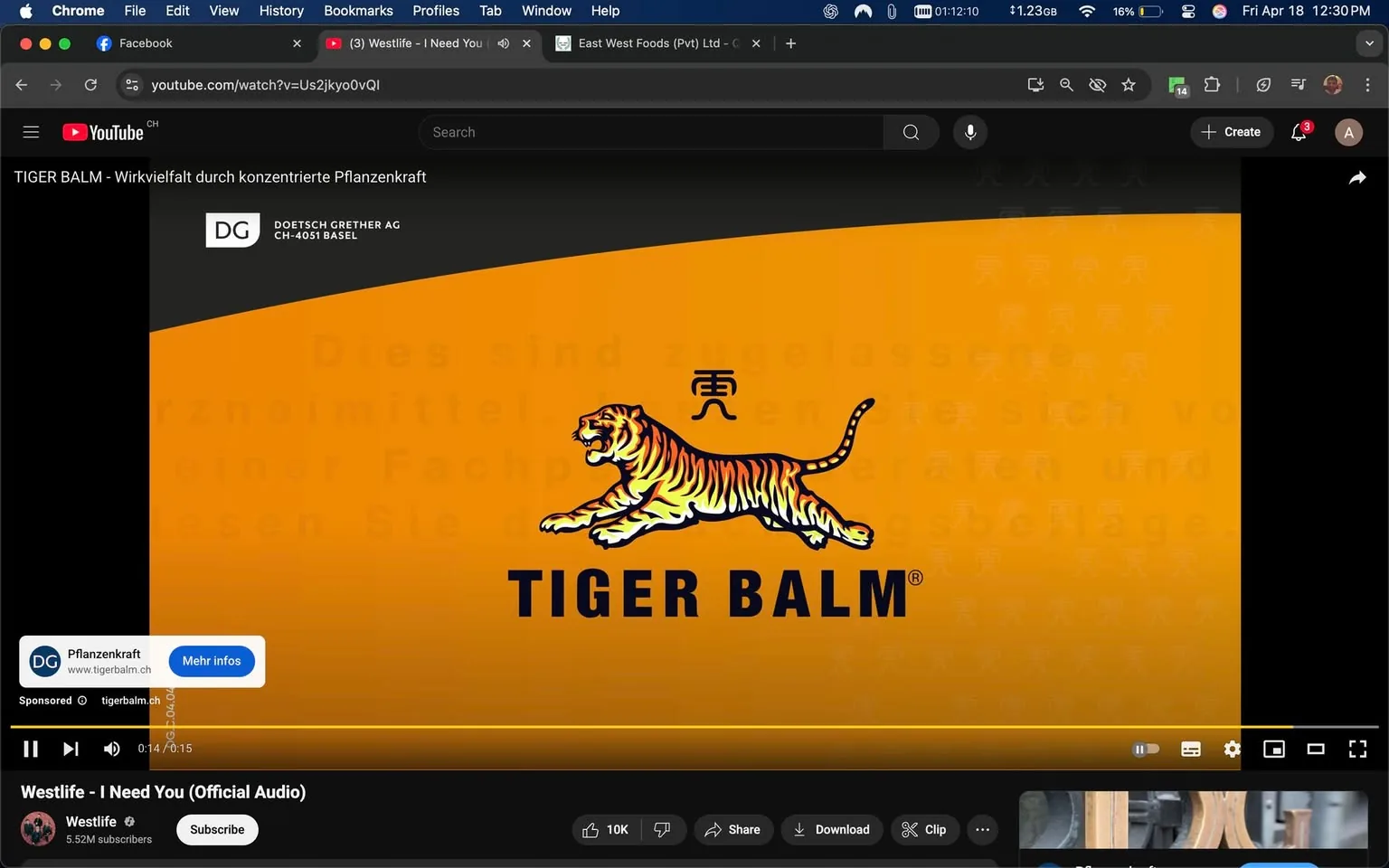 The image displays a YouTube video interface featuring a promotional video for "Tiger Balm." The background is a vibrant orange color, which dominates the visual space. Prominently displayed in the center is the Tiger Balm logo, featuring a stylized tiger in a leaping pose. The tiger is illustrated in shades of orange and black, with distinct stripes and a dynamic posture, conveying a sense of energy and movement. Below the tiger, the text "TIGER BALM®" is written in bold, black letters, emphasizing the brand name.

In the upper left corner, there is a small logo for "DG Doetsch Grether AG," which appears to be the company associated with the product, along with a location designation "CH-4051 Basel." The text in the background, partially visible, appears to be in German, with phrases that suggest a focus on the effectiveness of the product through concentrated plant power.

At the bottom of the image, there is a video player interface showing the play button, a timeline, and options to share, download, or clip the video. The current playtime is indicated as "0:14" with a total duration of "0:15," suggesting this is a short promotional clip. 

In the lower left corner, there is a sponsored label indicating the advertisement is for "tigerbalm.ch," which is likely the official website for the product. 

The surrounding context includes a glimpse of a desktop environment, with browser tabs visible at the top of the screen, indicating that the viewer is accessing this video through a web browser. The tabs include social media and other websites, suggesting a casual browsing experience. 

Overall, the image is focused on the Tiger Balm branding, with clear visual elements that highlight the product's identity and promotional intent.