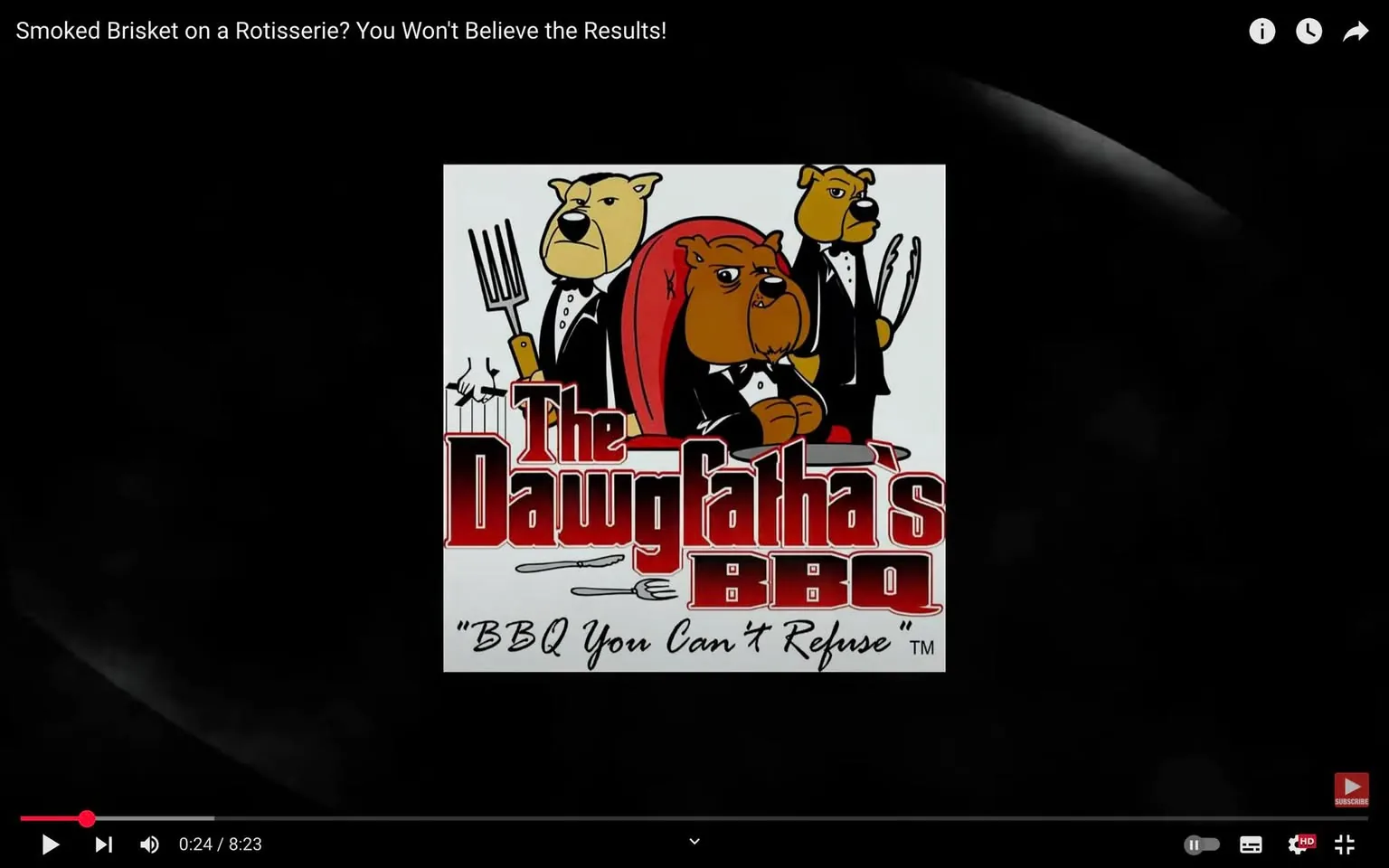 The image features a logo for "The Dawgfatha's BBQ." The logo is prominently displayed against a white background, with a black border surrounding it. 

1. **Text and Branding**: 
   - The main text reads "The Dawgfatha's BBQ" in a bold, stylized font. The word "Dawg" is emphasized with a playful font style, while "fatha's" is in a more traditional font. 
   - Below the main title, there is a tagline that states, "BBQ You Can't Refuse" in a cursive font, which adds a whimsical touch to the branding. 
   - The logo includes a registered trademark symbol (™) next to the tagline.

2. **Characters**: 
   - The logo features three cartoonish dog characters:
     - The central character is a large, brown bulldog seated in a red chair, wearing a black tuxedo and a bow tie. It has a confident expression, with its mouth slightly open, suggesting a friendly demeanor.
     - On the left, there is a smaller dog, possibly a terrier, also in a tuxedo, holding a fork. This character has a more serious expression.
     - On the right, another dog, resembling a bulldog, is holding a set of tongs and appears to be looking at the viewer with a slight smirk.

3. **Visual Elements**: 
   - The dogs are illustrated in a cartoon style, with exaggerated features such as large heads and expressive eyes.
   - The background is plain white, which helps the logo stand out prominently.

4. **Setting**: 
   - The image does not depict a specific setting or environment; it is solely focused on the logo itself.

Overall, the logo combines playful imagery with a clear branding message, aimed at conveying a fun and inviting atmosphere for a barbecue business.
