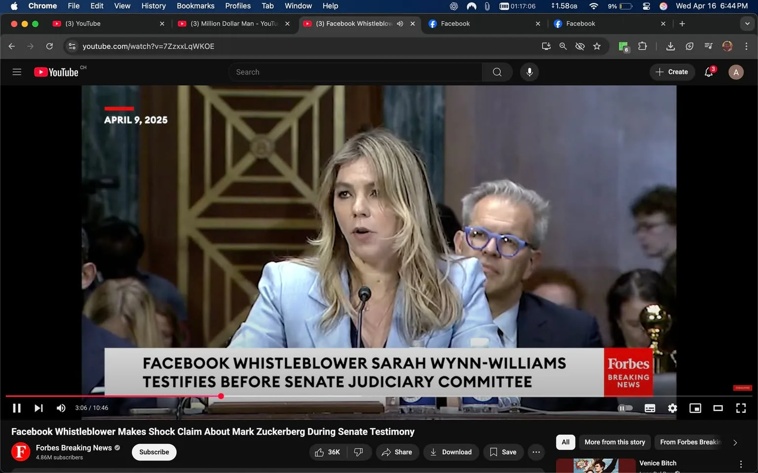 The image depicts a scene from a Senate Judiciary Committee hearing, specifically on April 9, 2025. In the foreground, a woman is testifying at a podium equipped with a microphone. She has long, wavy blonde hair and is wearing a light blue blazer over a dark top. Her expression appears serious as she speaks, and she is gesturing with her hands, indicating engagement in her testimony.

Behind her, a man with gray hair and glasses is seated. He is wearing a dark suit and has a slight smile, suggesting he is listening attentively to the testimony. The background features a decorative wall with a geometric pattern, likely part of the Senate chamber's architecture.

At the bottom of the image, there is a banner that reads: "FACEBOOK WHISTLEBLOWER SARAH WYNN-WILLIAMS TESTIFIES BEFORE SENATE JUDICIARY COMMITTEE." This text is prominently displayed and indicates the subject of the hearing. The video player interface is visible, showing a play button and controls for playback, along with the title of the video: "Facebook Whistleblower Makes Shock Claim About Mark Zuckerberg During Senate Testimony."

The overall setting is formal, typical of a governmental hearing, with an audience visible in the blurred background, suggesting a public interest in the proceedings. The lighting is bright, highlighting the speakers and the podium area.