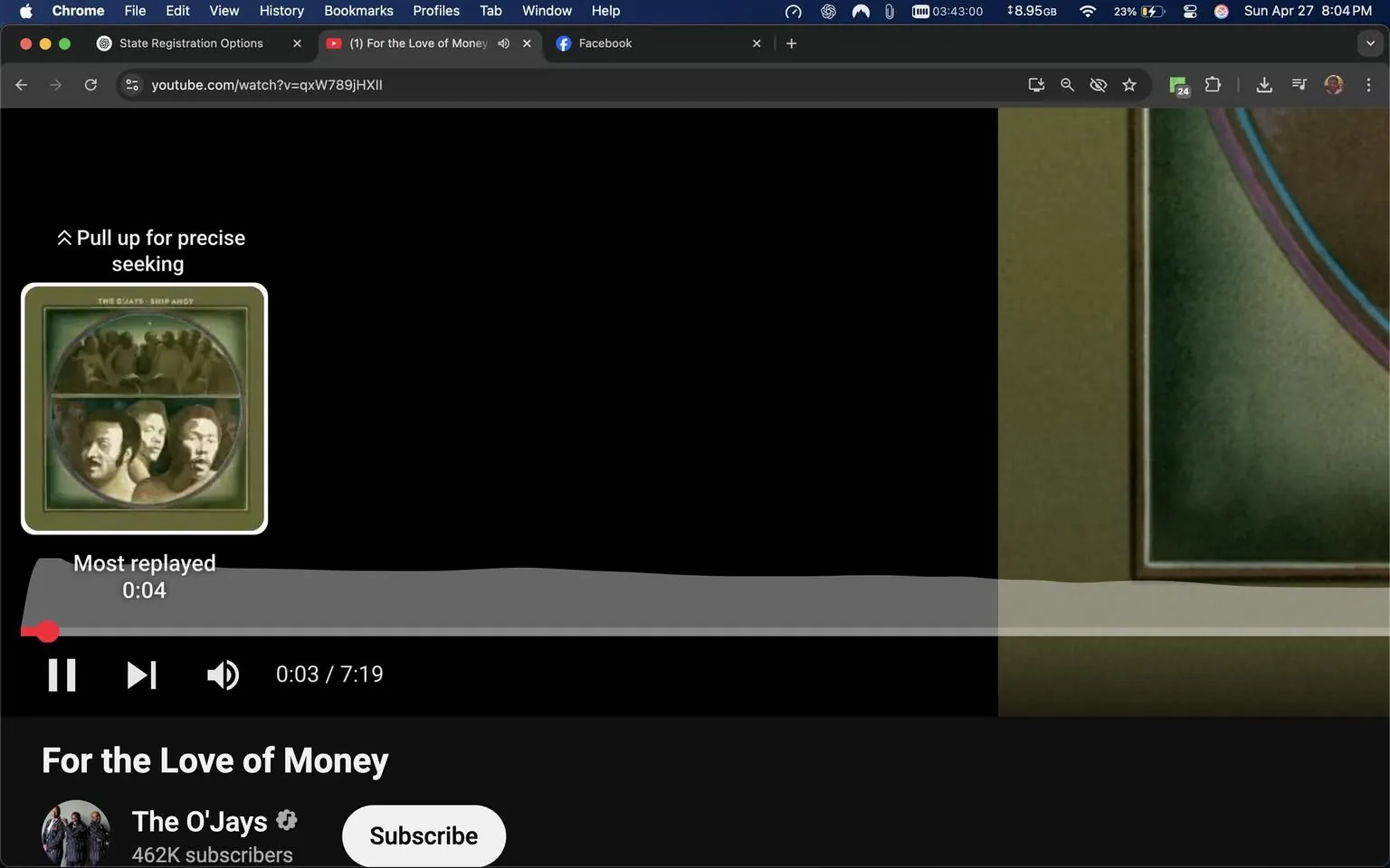 The image displays a screenshot of a YouTube video player interface. The video is titled "For the Love of Money" by The O'Jays, which is indicated in the lower section of the image. The channel name, "The O'Jays," is displayed prominently, along with a subscriber count of 462K. Below the title, there is a "Subscribe" button visible.

In the upper left corner, there is a thumbnail image that appears to be the album cover for the song. The cover features a green background with a circular design that includes the faces of three men. The men have serious expressions, and their faces are depicted in a stylized manner. The background of the thumbnail shows a group of people, possibly in a crowd, but their features are not clearly defined.

The video player controls are visible at the bottom of the image, showing a play button, a timeline slider, and a timestamp indicating the video is currently at 0:03 out of a total length of 7:19. The section labeled "Most replayed" indicates that the video has segments that are frequently revisited by viewers.

The overall setting is digital, as it is a screenshot of a video streaming platform. The background is mostly black, with the video player and album cover being the main focal points. No additional people, clothing, or environmental context is present in the image, as it is solely focused on the video interface.