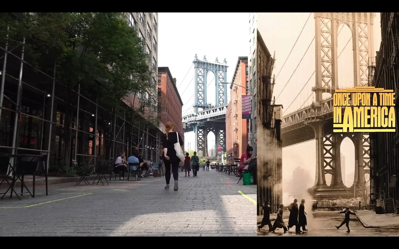 The image depicts a street scene featuring the Manhattan Bridge in the background. The foreground shows a cobblestone street lined with buildings that have a mix of brick and modern facades. On the left side, there is scaffolding, indicating construction or renovation work. Several people are visible in the scene, some seated at small tables with chairs, while others walk along the street.

In the center of the image, a woman with long reddish-brown hair is walking away from the camera. She is wearing a black top and black pants, with a white bag slung over her shoulder. Her posture is upright, and she appears to be moving purposefully. 

To the right of the woman, a few people are seated, one of whom is wearing a white shirt and appears to be engaged in conversation with another person. The background features the Manhattan Bridge, which is a prominent structure with its distinctive steel cables and arches. The bridge is partially obscured by the buildings in the foreground.

On the right side of the image, there is a faded, sepia-toned overlay that appears to be a historical photograph. This overlay features people in early 20th-century clothing walking along a similar street, with the same bridge visible in the background. The text "Once Upon a Time in America" is prominently displayed in a stylized font, suggesting a connection to the historical theme.

The overall setting conveys a blend of modern urban life with a nostalgic reference to the past, highlighted by the juxtaposition of contemporary and historical elements. The lighting is bright, indicating a sunny day, and the atmosphere appears lively with people enjoying the outdoor space.