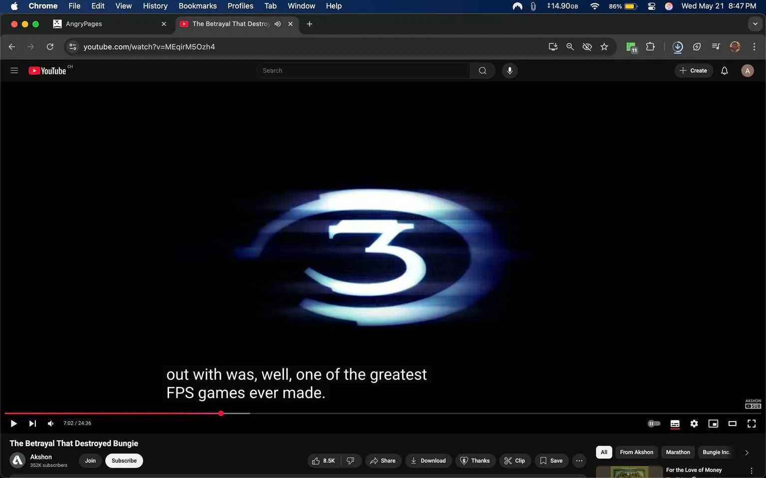 The image displays a video player interface from YouTube. The main visual element is a stylized logo featuring the number "3" prominently displayed in the center. The logo is encircled by a smooth, blue gradient that creates a sense of motion, suggesting a dynamic or energetic theme. The background is predominantly black, which enhances the visibility of the logo and gives it a striking appearance.

Below the logo, there is a subtitle area containing readable text that states: "out with was, well, one of the greatest FPS games ever made." This text is white and appears against the black background, making it easily legible. The subtitle is part of a video that is currently playing, as indicated by the progress bar below it, which shows that the video is at the 7:02 mark of a total duration of 24:36.

In the lower part of the image, there are various controls typical of a video player, including buttons for play/pause, share, download, and options to save the video. The channel name "Akshon" is displayed prominently, along with a subscriber count of "352K subscribers." There is also a button labeled "Join" next to the channel name, suggesting a membership option.

The interface includes a small icon indicating the channel's subscription status, represented by a bell symbol, which is commonly associated with notifications. The overall layout is clean and user-friendly, typical of modern video streaming platforms.

No people, clothing, or additional objects are visible in this image, as it focuses solely on the video player interface and its elements. The setting is digital, specifically within the context of an online video platform. There are no identifiable public figures or brands beyond the YouTube logo and the channel name.