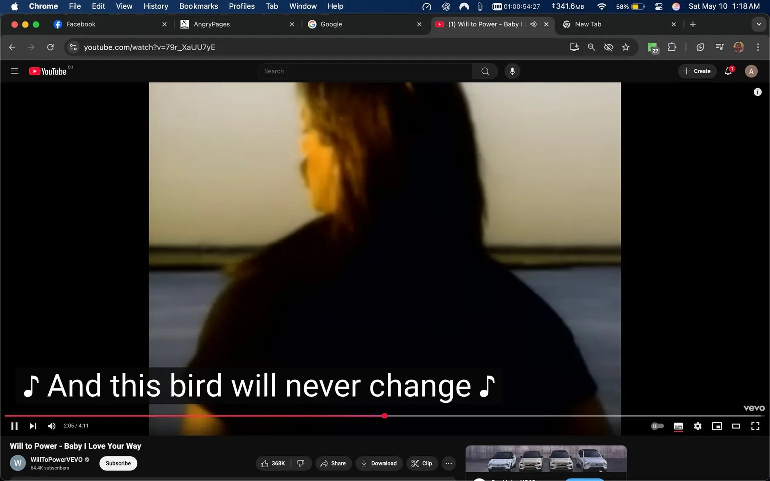 The image depicts a scene from a music video, specifically from the song "Baby, I Love Your Way" by Will to Power. The video is playing on a YouTube interface, which is visible at the top of the image. The YouTube logo is present, along with the title of the video and the channel name "WillToPowerVEVO," which has 64.4K subscribers. 

In the foreground, a person is shown from behind, facing away from the camera. They have long, dark hair that cascades down their back. The individual is wearing a black shirt, and their posture suggests a relaxed demeanor. The background features a blurred view of a body of water, likely a lake or ocean, with a soft gradient of colors indicating a sunset or sunrise, creating a warm, golden hue in the sky.

The bottom of the image includes a subtitle that reads, "And this bird will never change," indicating that the video is currently playing and providing lyrics from the song. The video progress bar shows that it is at 2 minutes and 5 seconds into a total length of 4 minutes and 11 seconds.

On the bottom of the screen, there are various controls typical of a video player, including options to share, download, and clip the video. The interface also shows thumbnails of vehicles, suggesting that they may be part of an advertisement or related content displayed below the video.

Overall, the image captures a moment from a music video, highlighting the visual and auditory elements associated with it, while also providing context through the YouTube interface.