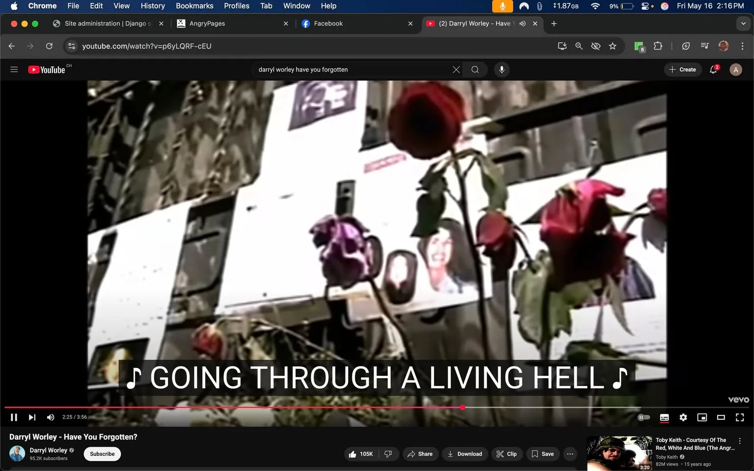 The image appears to be a still from a YouTube video titled "Darryl Worley - Have You Forgotten?" The video is currently playing, as indicated by the play bar at the bottom. The timestamp shows that it is at 2 minutes and 25 seconds into a total duration of 3 minutes and 56 seconds.

In the foreground, there are several red roses, some of which are wilted, suggesting a somber or memorial context. The roses are positioned in front of a backdrop that features a series of white boards or panels. These panels display various photographs, some of which depict individuals, although the faces are not clearly visible due to the angle and focus of the image. The photographs appear to be attached to the boards with tape or pins.

The text overlay in the center of the image reads, "♪ GOING THROUGH A LIVING HELL ♪" indicating that this is a lyric from the song being played. The font is bold and white, contrasting against the darker background.

The background consists of a textured surface that resembles a wall, possibly made of concrete or stone, which adds to the overall serious tone of the image. The lighting appears to be somewhat dim, contributing to the somber atmosphere.

No identifiable people are visible in this frame, and there are no logos, trademarks, or brands present in the image aside from the YouTube branding in the video player interface. The overall setting suggests a memorial or tribute, likely related to themes of loss or remembrance, as indicated by the presence of roses and photographs.