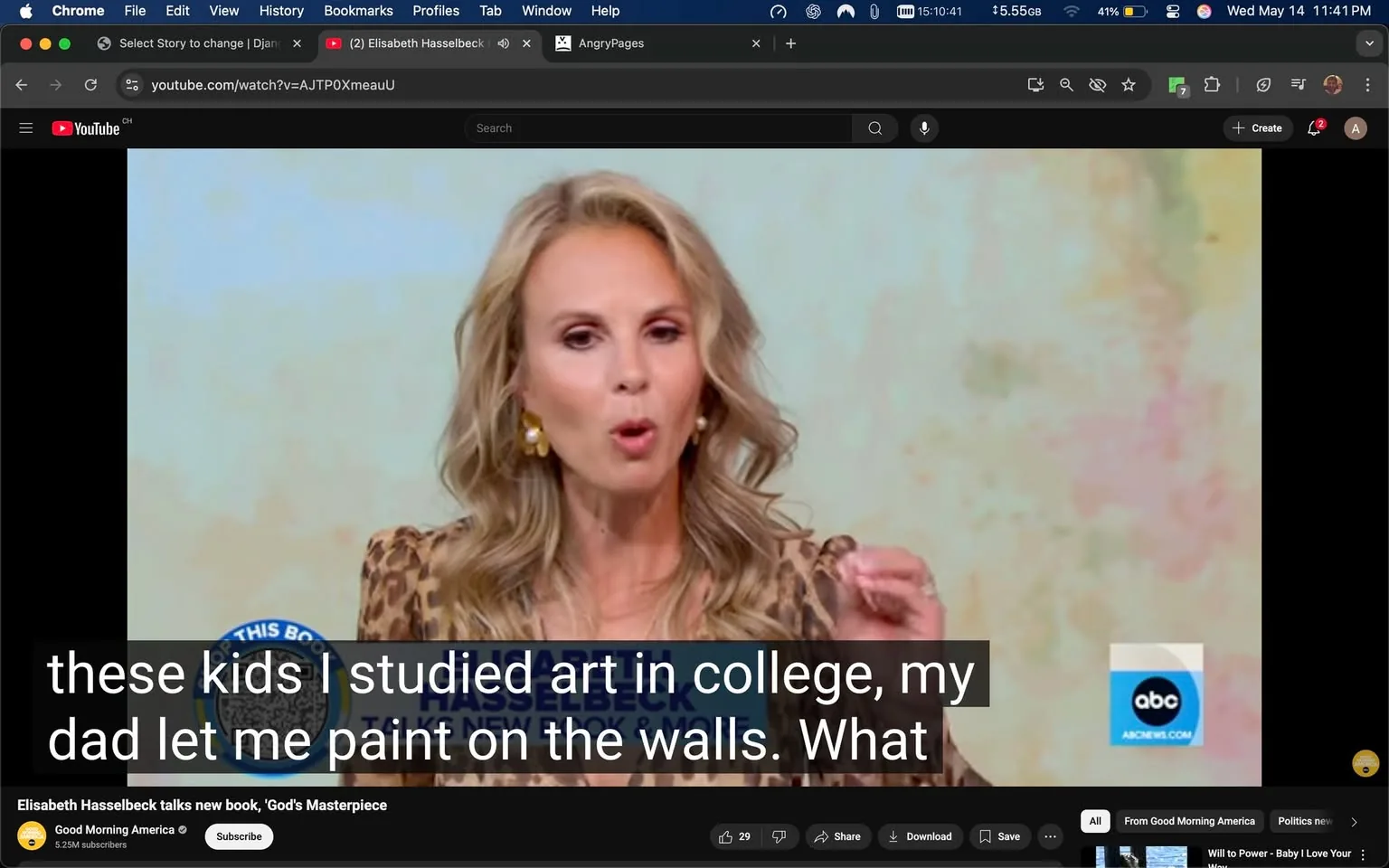 The image features a woman speaking on a television program, likely a talk show or news segment. She has long, wavy blonde hair and is wearing a leopard print blouse with a deep neckline. Her earrings are large, round, and appear to be made of a light-colored material, possibly resembling pearls. The woman is gesturing with her right hand, emphasizing her point as she speaks.

In the background, there is a soft, pastel-colored backdrop that includes shades of light blue, pink, and yellow, creating a warm and inviting atmosphere. The lower part of the image includes subtitles that read, "these kids I studied art in college, my dad let me paint on the walls. What," indicating that she is discussing her experiences related to art and childhood.

On the left side of the screen, there is a circular logo that says "THIS BOOK" with a blue background, suggesting a segment about a book or author. Below this logo, the name "Elisabeth Hasselbeck" is visible, indicating that she is the person speaking. The bottom right corner features the ABC logo, indicating that this program is affiliated with ABC News.

The overall setting appears to be a studio designed for broadcasting, with a focus on the speaker and the discussion topic. The lighting is bright, highlighting the speaker's facial expressions and gestures. The audience is not visible in this frame, focusing attention solely on the woman and her message.