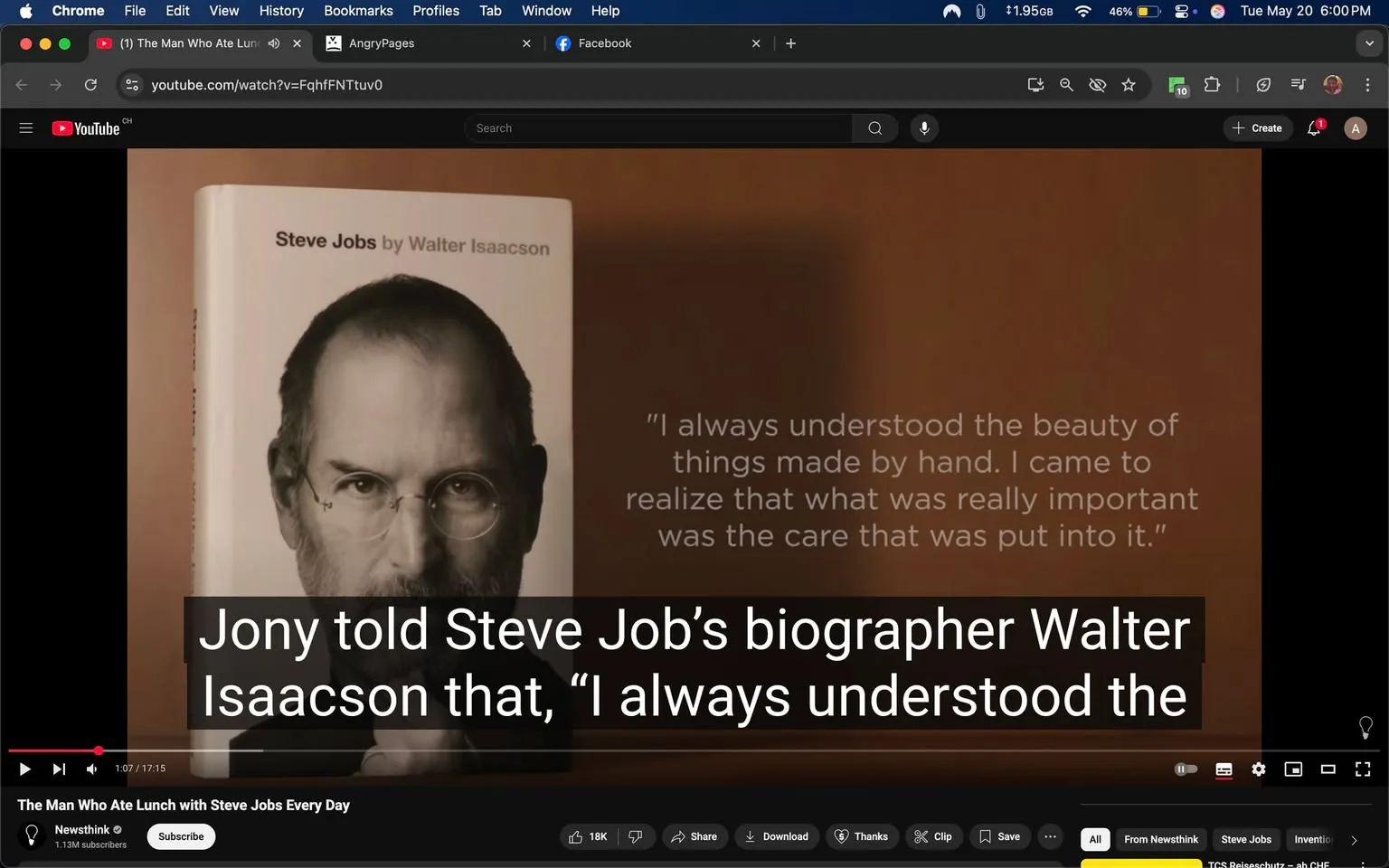 The image displays a still from a video, likely from YouTube, featuring a book cover and a quote. 

**Readable Text:**
1. The book title is "Steve Jobs" by Walter Isaacson, prominently displayed on the book cover.
2. A quote attributed to Steve Jobs reads: "I always understood the beauty of things made by hand. I came to realize that what was really important was the care that was put into it."
3. Below the quote, there is additional text stating: "Jony told Steve Job’s biographer Walter Isaacson that, 'I always understood the...'"

**Visible Brands and Objects:**
- The book cover features a close-up, black-and-white image of a man with glasses, presumably Steve Jobs, although the identity is not confirmed.
- The background is a warm, muted color, possibly beige or light brown, which contrasts with the white book cover.

**Setting and Background:**
- The setting appears to be a digital interface, likely a video player, as indicated by the YouTube interface at the top of the image. 
- The video player controls are visible at the bottom, including options to subscribe, share, download, and clip the video.
- The video title is "The Man Who Ate Lunch with Steve Jobs Every Day," suggesting a narrative focused on Steve Jobs and his interactions.

**Overall Composition:**
- The image is divided into two main sections: the left side features the book cover, while the right side displays the quote and additional text.
- The text is overlaid on the background, making it easy to read against the warm color.

This description captures all observable details without speculation or interpretation.