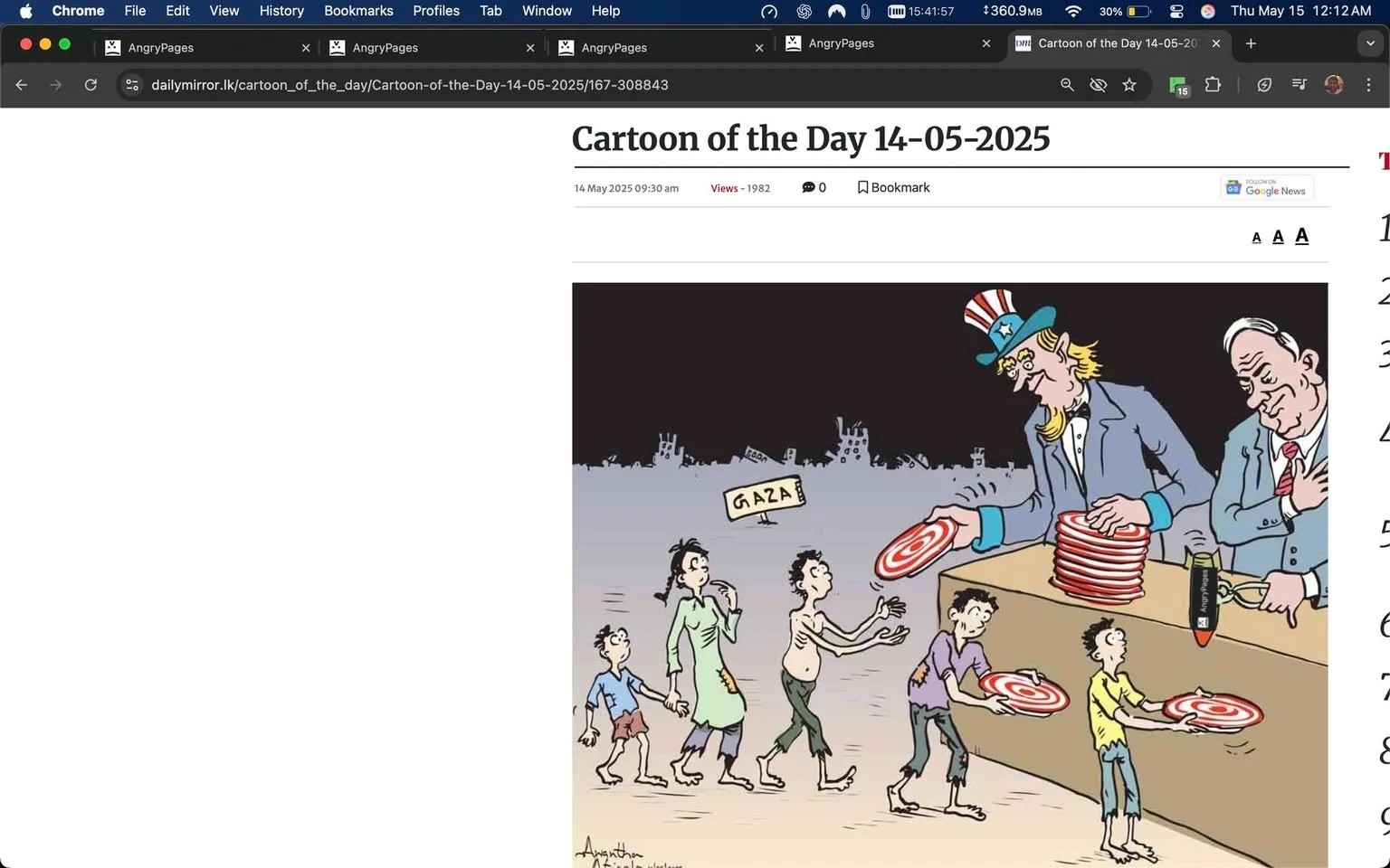 The image is a cartoon depicting a scene with a political theme. On the right side, a character resembling a stereotypical American figure, wearing a top hat adorned with the American flag and a suit, is distributing circular targets with red and white concentric circles. This character has long, blonde hair and a prominent nose, suggesting a caricature of a politician.

In front of this character, there is a table where the targets are stacked. To the left, two men in suits observe the scene. One has a slight smile, while the other appears more neutral. 

In the foreground, a line of four figures, presumably representing civilians, is depicted. They appear thin and undernourished, wearing tattered clothing. The first figure is a child holding the hand of an adult, who is wearing a green garment. The second figure is a man with a bare torso and ragged pants. The third figure is a man in a yellow shirt and torn pants. The fourth figure is a child in shorts. All figures have expressions that suggest desperation or need.

In the background, there is a sign that reads "GAZA," indicating a specific location. The setting appears to be a desolate area, with a dark sky and silhouettes of buildings or ruins in the distance, suggesting a conflict zone or impoverished environment.

The overall composition conveys a stark contrast between the well-dressed character distributing targets and the impoverished figures in line, highlighting themes of disparity and possibly political commentary.