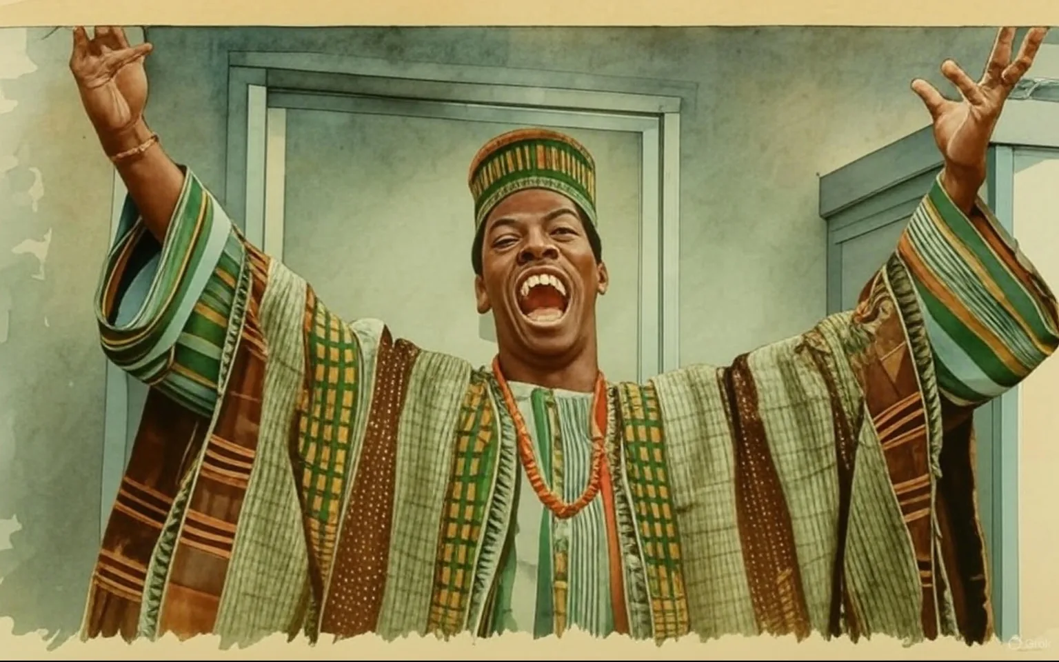 The image features a man with a broad smile, arms raised in a celebratory gesture. He appears to be wearing a traditional outfit that includes a patterned, colorful robe with various textures and designs. The robe has stripes and intricate patterns, predominantly in earthy tones, with hints of green and orange. He also wears a matching hat, which has a similar design to the robe, featuring geometric patterns and colors that complement the outfit.

The man has short, neatly styled hair and is expressing joy or excitement, as indicated by his wide-open mouth and bright smile. His facial expression conveys a sense of happiness or triumph. Around his neck, he has a necklace made of beads, which adds to the cultural aesthetic of his attire.

The background consists of a plain, light-colored wall, possibly in an office or indoor setting, with a metallic door frame visible behind him. The overall atmosphere suggests a moment of celebration or announcement, though the specific context is not provided in the image.

No readable text, logos, or identifiable brands are present in the image. The focus remains on the individual and his expressive pose, with no additional objects or people in the frame. The setting appears to be neutral and does not provide further context about the event or location.