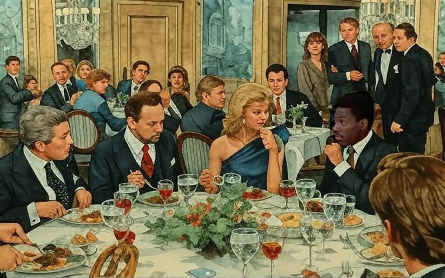 The image depicts a formal dining scene set in an elegantly decorated restaurant. The table is adorned with a white tablecloth and features an array of dishes, drinks, and decorative elements. In the center, there is a floral arrangement made of greenery, possibly pine, along with small red berries. Surrounding the centerpiece are several glasses of wine and water, as well as plates of food, including what appears to be meat, vegetables, and rolls.

Seated at the table are several individuals, each dressed in formal attire. On the left side, a man with gray hair and a black suit is holding a fork and knife, looking down at his plate. Next to him, another man with a dark beard and a red tie appears to be engaged in conversation with a woman in a striking blue dress, who has blonde hair styled in loose waves. She is holding a piece of food to her mouth, seemingly in a moment of thought or surprise. 

To the right of the woman, a man in a white shirt and dark suit is leaning forward, listening intently. Behind them, several other diners are visible, some looking towards the main table, while others are engaged in their own conversations. The background features a large mirror reflecting the chandelier above, which adds to the opulent atmosphere. 

The walls are decorated with paintings, possibly depicting landscapes or historical scenes, contributing to the upscale ambiance of the restaurant. The overall setting suggests a formal event, likely a dinner or banquet, with a diverse group of attendees engaged in various interactions.