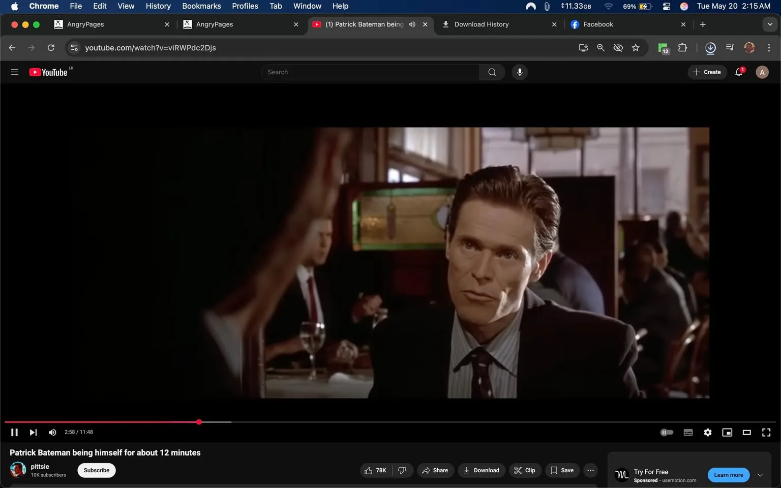 The image shows a scene from a film, featuring a man with slicked-back hair and a serious expression. He is wearing a dark suit with a light blue striped shirt and a tie that has a pattern, possibly polka dots. The man appears to be engaged in a conversation, looking intently at another person off-screen. His facial expression suggests concentration or contemplation.

In the background, there are several other individuals seated at tables, some of whom are dressed in formal attire, indicating a business or upscale dining environment. One person in the background is partially visible, wearing a red tie and a white shirt, and appears to be engaged in their own conversation. The setting has a warm ambiance, with wooden furniture and a bar area that features a stained glass panel, adding to the upscale atmosphere.

The video player interface is visible at the bottom of the image, showing a play button and a timeline indicating that the video is currently at 2 minutes and 58 seconds out of a total of 11 minutes and 48 seconds. The title of the video is "Patrick Bateman being himself for about 12 minutes," suggesting that the scene is from a film featuring a character named Patrick Bateman. The video is hosted on YouTube, as indicated by the logo and interface elements.

Overall, the image captures a moment of dialogue in a sophisticated setting, with a focus on the man in the foreground who is central to the scene.