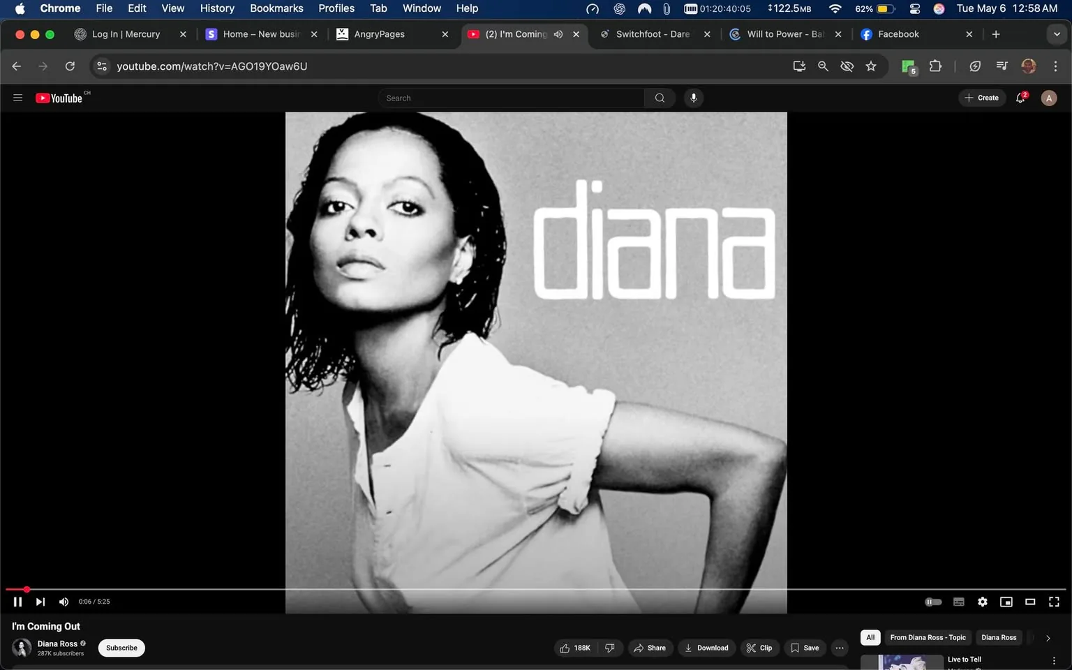 The image displays a black-and-white promotional graphic featuring a woman with dark, shoulder-length hair styled in loose waves. She is positioned slightly to the side, with her head turned towards the viewer. Her expression is confident, with her lips slightly parted and her chin raised. She is wearing a white shirt with short sleeves, which has a relaxed fit and a buttoned placket. The shirt appears to be made of a lightweight fabric.

To the right of the woman, the name "diana" is prominently displayed in large, bold, white letters. The font is modern and sans-serif, contributing to a clean and minimalist aesthetic. The background is a solid gray, which contrasts with the black-and-white image of the woman, enhancing her visibility.

The setting appears to be a digital or graphic design context, likely intended for a music video or album cover, as indicated by the presence of a play button and video controls at the bottom of the image. The video is titled "I'm Coming Out," and it is associated with a YouTube channel that has 287K subscribers, suggesting that the woman may be a public figure related to the music industry.

Overall, the image conveys a sense of style and sophistication, with a focus on the subject's confident pose and the bold typography of her name. There are no additional objects or elements in the background, keeping the focus on the woman and the text.