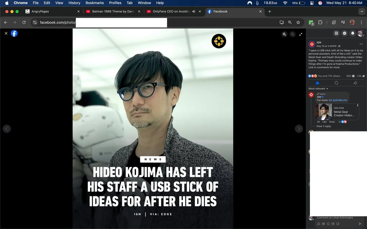 The image features a man with dark, straight hair styled in a slightly tousled manner, wearing round, dark-framed glasses. He has a neutral expression on his face. His clothing consists of a light-colored shirt beneath a dark, textured jacket that appears to have a loose fit. The background is a bright, white space with a futuristic aesthetic, possibly a studio or a modern office setting. In the background, there is a white robotic figure or object that is partially visible, adding to the contemporary feel of the environment.

At the bottom of the image, there is a prominent headline in bold, white text that reads: "HIDEO KOJIMA HAS LEFT HIS STAFF A USB STICK OF IDEAS FOR AFTER HE DIES." The text is set against a dark background, which enhances its visibility. Above the headline, there is a smaller label that says "NEWS" in a white box. The source of the information is indicated as "IGN | VIA: EDGE," which is also displayed at the bottom of the image.

The overall composition suggests a news article or announcement related to Hideo Kojima, who is a well-known figure in the video game industry, particularly recognized for his work on the Metal Gear series. The image is framed in a way that emphasizes the text and the subject, making it suitable for social media sharing or online news platforms.