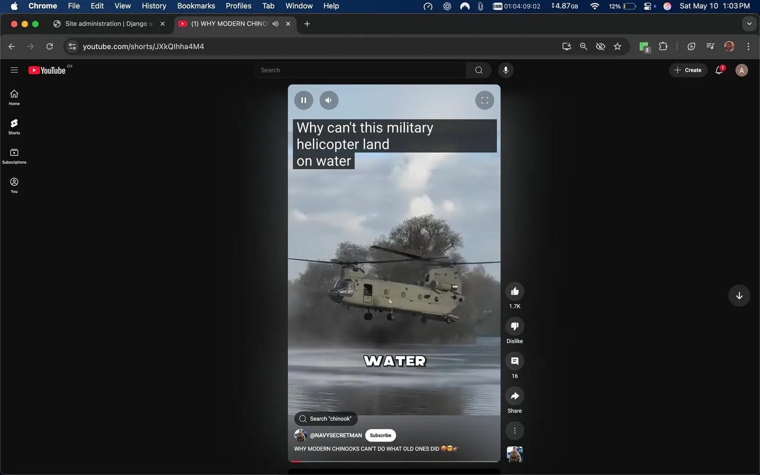 The image displays a YouTube Shorts video interface featuring a military helicopter, specifically a Chinook, hovering above a body of water. The helicopter is predominantly olive green with a distinctive double rotor design. It is positioned in the center of the frame, slightly tilted, suggesting it is in the process of landing or taking off. The background consists of a cloudy sky with shades of gray and blue, and there are trees visible on the shore of the water, indicating a natural setting.

Superimposed on the video is text that reads, "Why can't this military helicopter land on water," positioned at the top of the screen in a bold, white font. At the bottom of the screen, the word "WATER" is displayed in large, white letters, emphasizing the subject of the video. The text is clear and contrasts well with the background, making it easily readable.

On the right side of the screen, there are various interactive elements typical of YouTube, including options to like, dislike, comment, and share the video. The like count is shown as 1.7K, indicating a significant level of engagement. Below the video, there is a search bar with the term "chinook" entered, suggesting that users can search for related content. The interface is dark-themed, consistent with YouTube's design, and the overall layout is clean and user-friendly.

No people are visible in the image, and there are no identifiable brands or logos other than the YouTube interface itself. The focus remains solely on the helicopter and the text overlay, with no additional distractions in the frame. The environmental context suggests a military or aviation-related theme, likely aimed at educating viewers about the capabilities and limitations of military helicopters.