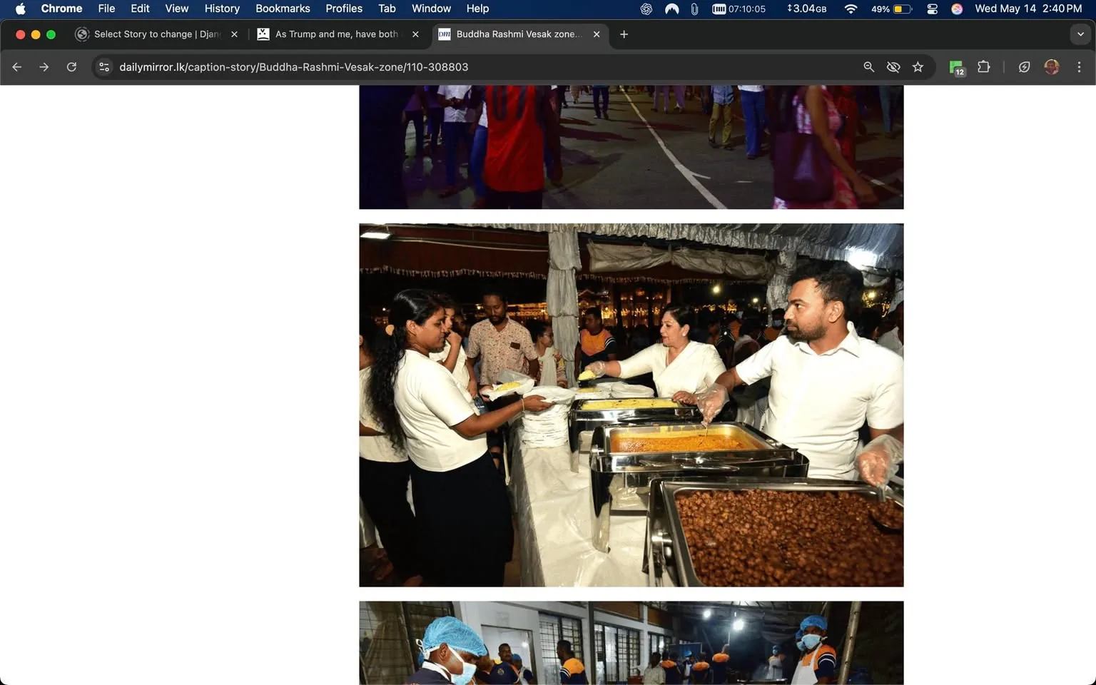 The image consists of three distinct sections, each depicting different scenes.

**Top Section:**
- The top part shows a crowd of people walking along a street. The setting appears to be an outdoor event, likely during the evening, as the lighting is dim but there are visible lights in the background.
- People are dressed in a variety of clothing, with some wearing traditional attire. The crowd is diverse, with individuals of different genders and ages.

**Middle Section:**
- The middle section features a food distribution area. There are several individuals engaged in serving food.
- A woman in a white blouse and black skirt is handing a plate to another person. She has long, dark hair and is smiling. 
- Another woman, also in a white blouse, is serving food from a large tray. She appears to be focused on her task.
- A man in a white shirt is positioned next to her, holding a serving spoon and looking towards the food trays. He has a short beard and is wearing gloves.
- The food is displayed in metal trays, with visible dishes that appear to include rice and possibly a dessert or sweet dish, indicated by the brown color in one of the trays.
- The background features a decorated area with hanging ornaments, suggesting a festive atmosphere.

**Bottom Section:**
- The bottom part of the image shows a different scene, likely in a kitchen or food preparation area.
- A man wearing a blue hairnet and a mask is visible, indicating health and safety protocols. He is looking down, possibly at a task he is performing.
- Other individuals in the background are wearing similar blue hairnets and masks, suggesting they are also involved in food preparation or service.
- The environment appears to be well-lit, with industrial-style lighting and a clean, organized workspace.

Overall, the image captures a community event focused on food distribution, with a festive atmosphere and adherence to health standards in food preparation.