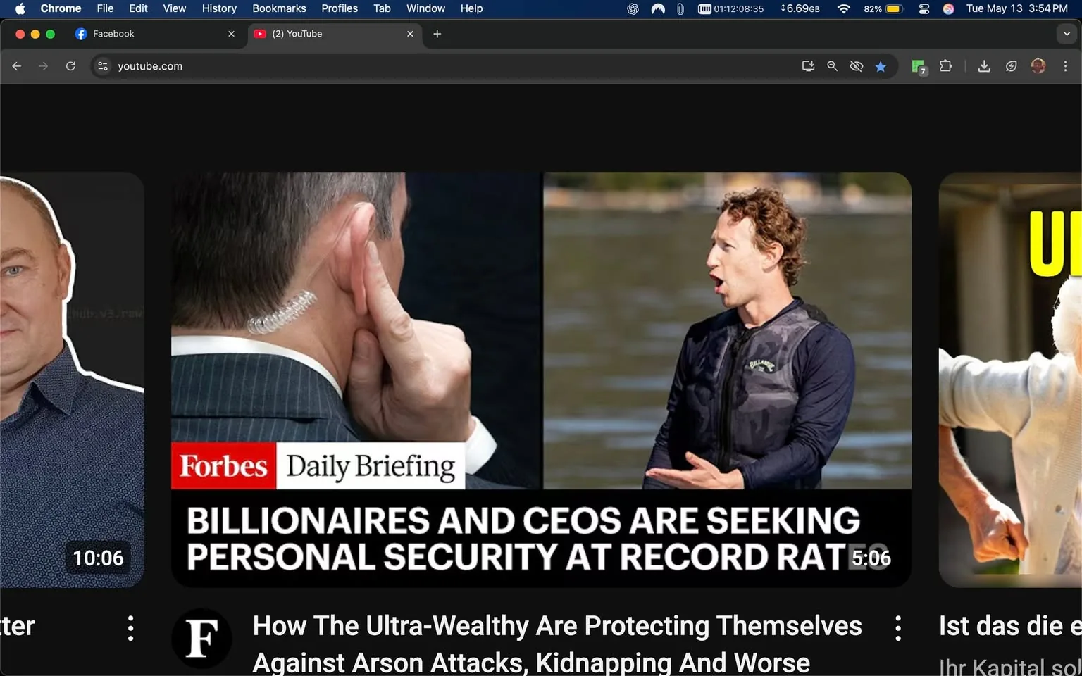 The image features a split-screen layout with two distinct sections. 

On the left side, there is a close-up of a man with a bald head and a light beard, wearing a dark blue shirt with a pattern. He is facing the camera, smiling slightly. The background is a solid black, which emphasizes his figure. Below this image, there is a timestamp indicating a duration of "10:06."

The right side of the image contains a scene depicting a man, possibly a public figure, who is wearing a black and gray life jacket. He has curly hair and is gesturing with his hands while speaking, appearing animated. The background shows a body of water, suggesting an outdoor setting, possibly near a lake or river. The man is positioned to the right of the frame, and the water reflects some light, indicating a sunny day. 

In the center of the image, there is a banner with the following text: "Forbes Daily Briefing" in white font on a red background. Below this, the headline reads: "BILLIONAIRES AND CEOS ARE SEEKING PERSONAL SECURITY AT RECORD RATES" in white font against a black background. 

Additionally, there is a smaller section at the bottom that reads: "How The Ultra-Wealthy Are Protecting Themselves Against Arson Attacks, Kidnapping And Worse" in white font. 

Overall, the image conveys a theme related to wealth and security, highlighted by the visual elements and text.