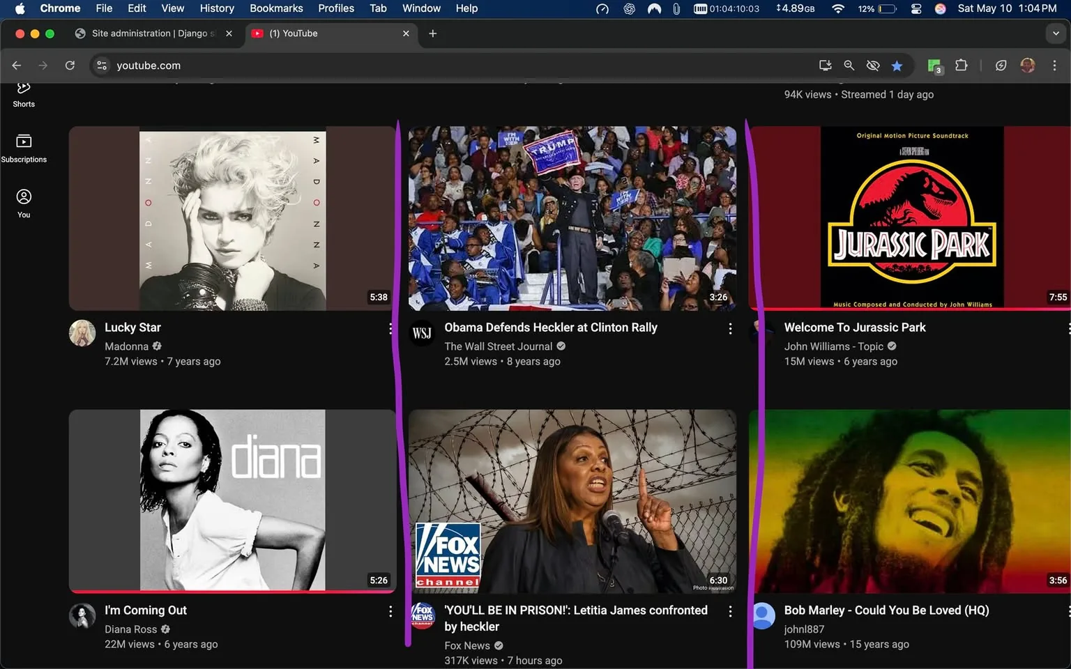 The image displays a YouTube interface featuring several video thumbnails arranged in a grid format. 

1. **Top Left Thumbnail**: 
   - Title: "Lucky Star"
   - Artist: Madonna
   - Duration: 5:38
   - The thumbnail features a black-and-white image of a woman with short, curly hair, wearing a black outfit and accessories. The background is a light gray with the text "MADONNA" prominently displayed.

2. **Top Right Thumbnail**: 
   - Title: "Obama Defends Heckler at Clinton Rally"
   - Channel: The Wall Street Journal
   - Views: 2.5M
   - Duration: 3:26
   - The image shows a crowd at a rally, with a man holding a sign that reads "TRUMP." The audience appears engaged, with various individuals visible in the background.

3. **Middle Left Thumbnail**: 
   - Title: "diana"
   - Artist: Diana Ross
   - Duration: 5:26
   - The thumbnail features a black-and-white image of a woman with long hair, wearing a white top. The text "diana" is displayed prominently.

4. **Middle Right Thumbnail**: 
   - Title: "YOU'LL BE IN PRISON!: Letitia James confronted by heckler"
   - Channel: Fox News
   - Views: 317K
   - Duration: 6:30
   - The image shows a woman speaking at a podium, gesturing with her right hand. She appears to be in a serious discussion, with a barbed wire background.

5. **Bottom Left Thumbnail**: 
   - Title: "Welcome To Jurassic Park"
   - Artist: John Williams - Topic
   - Views: 15M
   - Duration: 7:55
   - The thumbnail features the iconic Jurassic Park logo, with a dinosaur silhouette. The background is dark with a red and yellow color scheme.

6. **Bottom Right Thumbnail**: 
   - Title: "Bob Marley - Could You Be Loved (HQ)"
   - Channel: johnl887
   - Views: 109M
   - Duration: 3:56
   - The image shows a smiling man with long hair, wearing a colorful shirt that resembles the Rastafarian colors. The background has a gradient of green and yellow.

The overall setting is a digital platform (YouTube) with a dark theme, and the thumbnails are designed to attract viewers with vibrant images and bold text. Each thumbnail includes view counts and video durations, providing additional context about the content.
