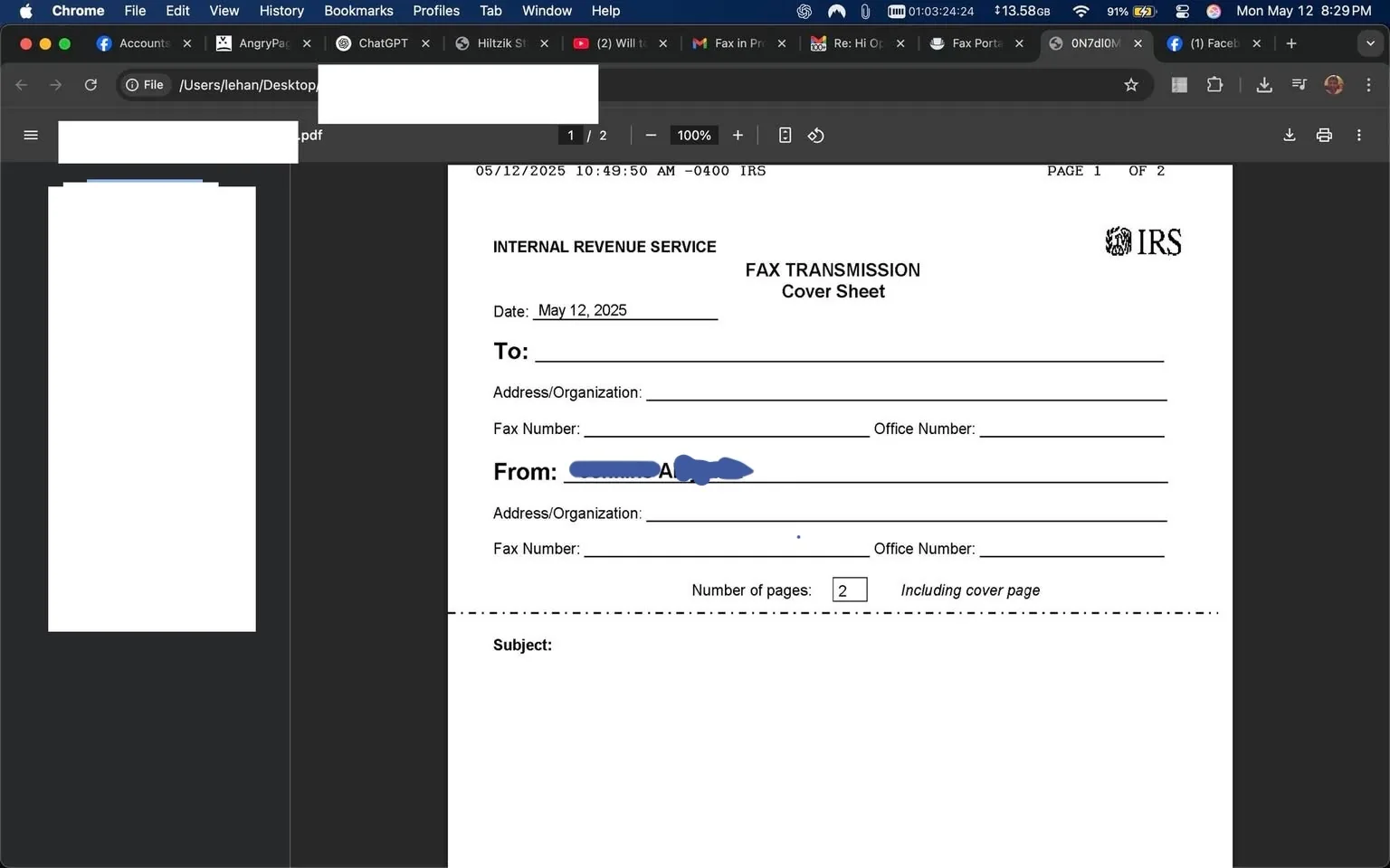 The image displays a fax transmission cover sheet from the Internal Revenue Service (IRS). The document is primarily white with black text. 

At the top, the header reads "INTERNAL REVENUE SERVICE" in bold letters, followed by "FAX TRANSMISSION Cover Sheet." Below this, there is a date field labeled "Date:" with the date filled in as "May 12, 2025." 

The "To:" section is left blank, followed by fields for "Address/Organization," "Fax Number," and "Office Number," all of which are also blank. 

The "From:" section contains the name "Jenkins Alayna A," which is printed in a larger font than the surrounding text. Below this, there are additional fields for "Address/Organization," "Fax Number," and "Office Number," all of which are blank as well.

There is a section labeled "Number of pages:" with the number "2" filled in, along with the note "including cover page." 

The "Subject:" field is also left blank. 

The document is formatted in a standard layout for fax cover sheets, with clear sections for sender and recipient information. The overall design is simple and functional, typical of official IRS documents. 

The background of the image shows a computer interface, with a dark theme and various tabs open in the browser, but no specific details about the environment or setting are provided. There are no visible people, clothing, or expressions in the image. The focus remains solely on the fax cover sheet itself.