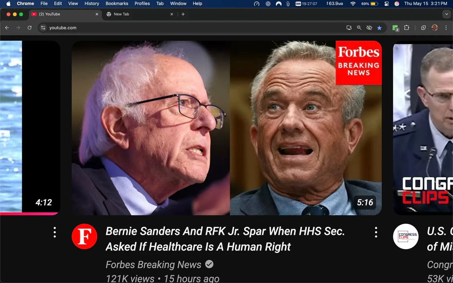 The image features two men positioned side by side, each displaying distinct facial expressions. On the left, a man with white hair and glasses appears to be speaking passionately, with his mouth open and eyebrows raised. He has a serious expression, and his clothing includes a dark jacket over a light-colored shirt. The background behind him is blurred, suggesting a public speaking event or a debate setting.

On the right, another man with gray hair and a more animated expression is shown. His mouth is open, and he seems to be reacting to something, possibly in surprise or disbelief. He is dressed in a suit with a light blue shirt and a tie, and his facial features are more prominent due to the lighting. The background behind him also appears to be blurred, indicating a similar context to the man on the left.

In the upper right corner of the image, there is a red and white logo that reads "Forbes Breaking News," indicating that this image is likely associated with a news segment or article. Below the image, there is text that reads: "Bernie Sanders And RFK Jr. Spar When HHS Sec. Asked If Healthcare Is A Human Right," suggesting that the content relates to a discussion or debate involving these individuals.

The overall setting appears to be a digital thumbnail for a video, likely intended for a platform like YouTube, as indicated by the browser interface visible at the top of the image. The video length is displayed as 5:16, and the view count is noted as 121K views, indicating a significant level of interest in the content. The design elements, including the text and logo, are typical of online news media.