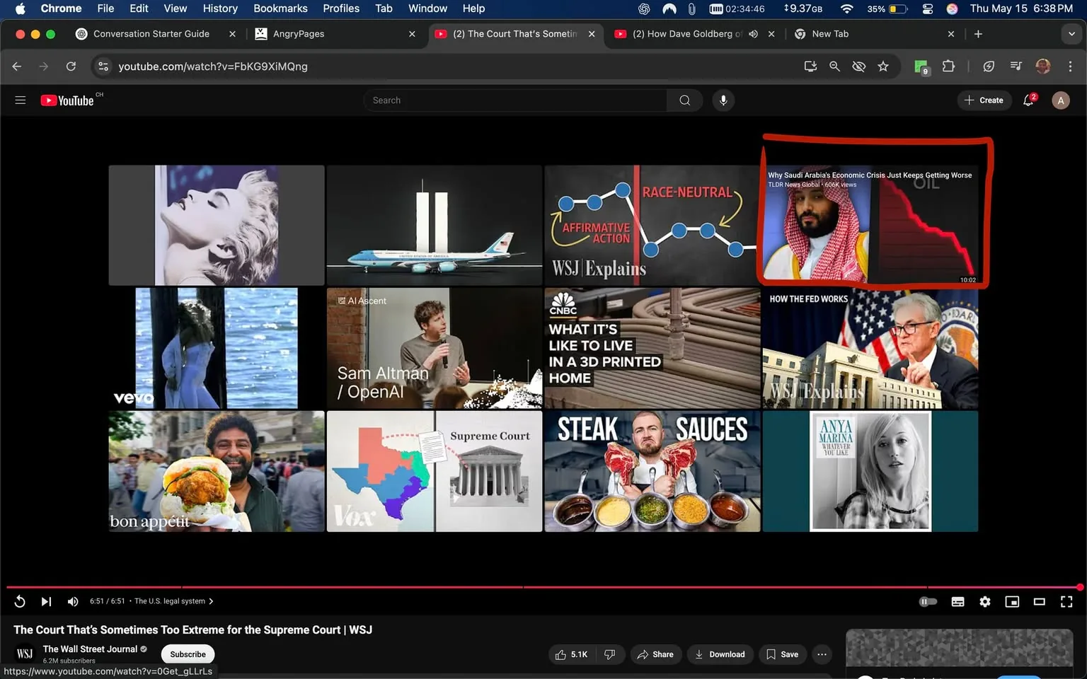 The image displays a YouTube interface featuring a grid of video thumbnails. The background is dark, typical of YouTube's design. 

1. **Video Thumbnails**:
   - The top left thumbnail shows a black-and-white image of a woman with light-colored hair, possibly in a glamorous pose.
   - Adjacent to it is an image of an airplane flying above two tall structures, which resemble the Twin Towers.
   - Below that, there is a thumbnail with a woman in a flowing dress standing by water, with sunlight reflecting off the surface.
   - Next to it, a man is speaking in a casual setting, labeled "Sam Altman / OpenAI."
   - Below that, there is a close-up of a large burger held by a man with a beard, labeled "bon appétit."
   - The next thumbnail features a colorful map of Texas with various shades, alongside a depiction of the Supreme Court building.
   - To the right, there is a thumbnail showing various sauces in bowls, with a man holding a piece of meat.
   - The bottom right corner features a woman with light hair, labeled "Anya Marina."

2. **Text and Labels**:
   - The top right thumbnail has text that reads "Why Saudi Arabia's Economic Crisis Just Keeps Getting Worse" along with the channel name "TLDR News Global" and a view count of 1,600K views.
   - The video titled "The Court That’s Sometimes Too Extreme for the Supreme Court | WSJ" is prominently displayed at the bottom of the screen, with a view count of 5.1K and a subscribe button for "The Wall Street Journal."

3. **User Interface Elements**:
   - The YouTube logo is visible in the top left corner.
   - There are navigation buttons for "File," "Edit," "View," "History," "Bookmarks," "Profiles," and "Tab" at the top of the browser window.
   - The time indicator shows "2:34:46" and the date is noted as "Thursday, May 15, 6:38 PM."
   - The bottom of the screen includes options to "Share" and "Download" the video.

4. **Overall Context**:
   - The layout is typical of a video streaming platform, with a focus on various content types, including news, food, and technology.
   - The thumbnails are colorful and designed to attract viewers' attention, each representing different topics and styles.

This description captures the observable details of the image without speculation or interpretation.