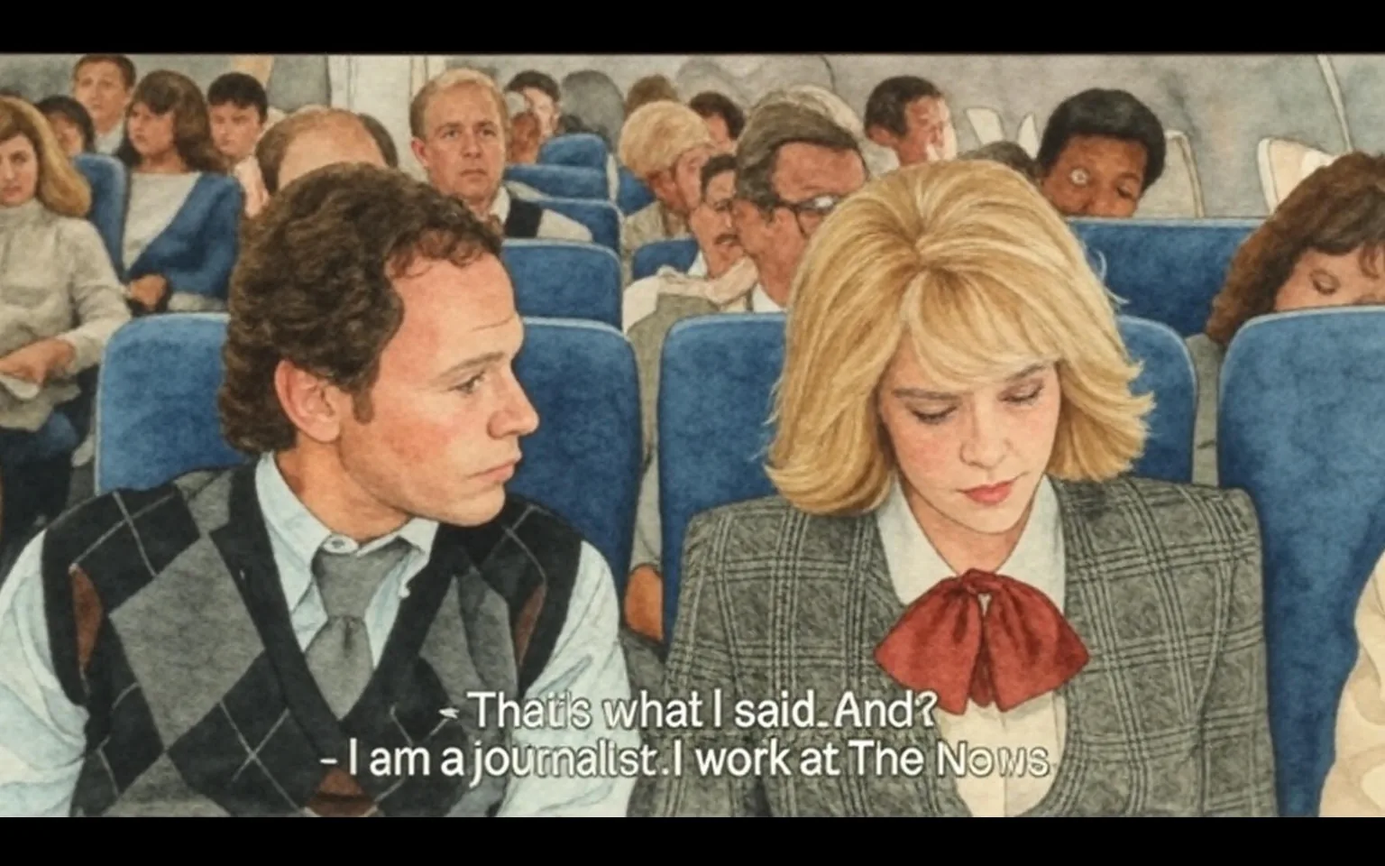 The image depicts a scene from an airplane interior, featuring two main characters seated next to each other. 

**Visible Text:**
- The dialogue displayed at the bottom reads:
  - "- That's what I said. And?"
  - "- I am a journalist. I work at The News."

**People:**
- **Character on the Left:** 
  - Male, with short, dark hair and a slight wave. 
  - He is wearing a gray and black argyle vest over a white shirt, complemented by a tie. 
  - His expression appears focused as he engages in conversation with the woman next to him.

- **Character on the Right:** 
  - Female, with shoulder-length, wavy blonde hair. 
  - She is dressed in a plaid blazer with a white blouse underneath, featuring a prominent red bow tie at the collar. 
  - Her gaze is directed downward, suggesting she is either reading or contemplating something.

**Background:**
- The airplane cabin is filled with passengers, many of whom are seated in rows behind the two characters. 
- The seats are upholstered in a blue fabric, and the overhead compartments are visible, indicating a commercial flight setting.
- Several passengers in the background appear to be engaged in various activities, such as reading or resting, with some looking towards the front of the cabin.

**Setting:**
- The environment is clearly an airplane, as indicated by the seating arrangement and the presence of other passengers. 
- The lighting is soft, typical of an aircraft interior, and the overall atmosphere suggests a casual conversation taking place amidst air travel.

This description captures the observable details without inferring emotions or relationships, focusing solely on the visual elements present in the image.