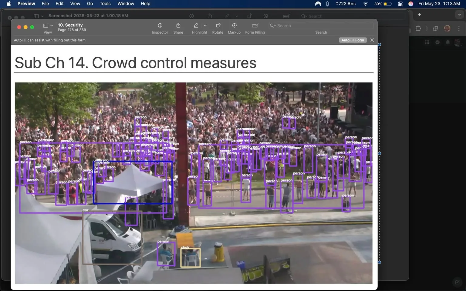 The image displays a crowded outdoor event scene, likely a festival or public gathering. The background is filled with a large crowd of people, many of whom are standing closely together. The crowd appears to be enjoying the event, with some individuals engaged in conversation or looking towards a stage area, which is partially visible.

In the foreground, there are several identifiable objects and elements. A white tent is set up, with a few people visible underneath it. The tent has a triangular shape and is supported by poles. To the left of the tent, there is a vehicle, possibly a van or truck, which is white and has a logo or branding on its side, though the details are not clearly visible. 

Additionally, there is a yellow object, possibly a trash can or a utility container, positioned near the vehicle. A chair is also visible, located near the bottom left corner of the image. 

The crowd is diverse, with individuals of varying heights and body types. Some people are wearing casual clothing, such as t-shirts, shorts, and summer dresses. A few individuals are holding umbrellas, likely for sun protection. The expressions of the people are not clearly visible due to the distance, but they appear to be engaged with the event.

The image includes several purple bounding boxes that label various individuals as "person," indicating that this is likely a processed image for crowd analysis or monitoring. The labels also include "umbrella," "car," and "chair," suggesting an automated object recognition system is in use.

Overall, the setting conveys a lively atmosphere typical of outdoor events, with a focus on crowd dynamics and safety measures.