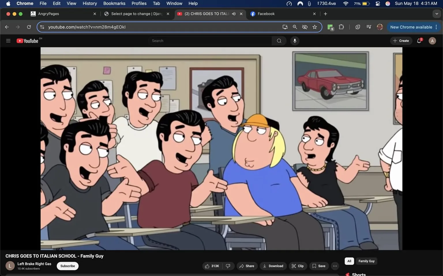 The image depicts a scene from the animated television show "Family Guy." In this classroom setting, several characters are present, primarily featuring a group of young men with dark hair styled in a slicked-back manner. They are animated in a cartoonish style, characterized by exaggerated facial features and expressions.

1. **Characters**:
   - **Main Character**: In the center, there is a character with a round face and a light blue shirt, who appears to be Chris Griffin, a recurring character in the series. He has short, light blonde hair and is seated at a desk.
   - **Surrounding Characters**: The other characters are predominantly male, with dark hair and various expressions of amusement. They are wearing casual clothing, including t-shirts in different colors (black, maroon, and white). Their facial expressions suggest they are engaged in a lively conversation, with some characters smiling widely and gesturing with their hands.

2. **Facial Expressions**: The characters exhibit a range of expressions, from laughter to playful teasing. Their eyes are large and round, typical of the show's animation style, enhancing the comedic effect.

3. **Setting**: The background features a classroom environment with beige walls. There are various papers and notices pinned to a bulletin board. A framed picture on the wall depicts a red car, adding to the classroom's decor. The desks are simple, with a metallic frame and a wooden top.

4. **Actions**: The characters are animatedly interacting, with some pointing and gesturing towards each other, indicating a humorous or light-hearted exchange.

5. **Text Elements**: There are no visible text elements, logos, or trademarks in the image itself, aside from the YouTube interface at the top, which includes the video title "CHRIS GOES TO ITALIAN SCHOOL - Family Guy."

Overall, the scene captures a moment of comedic interaction among the characters in a classroom, typical of the show's humor and animation style.