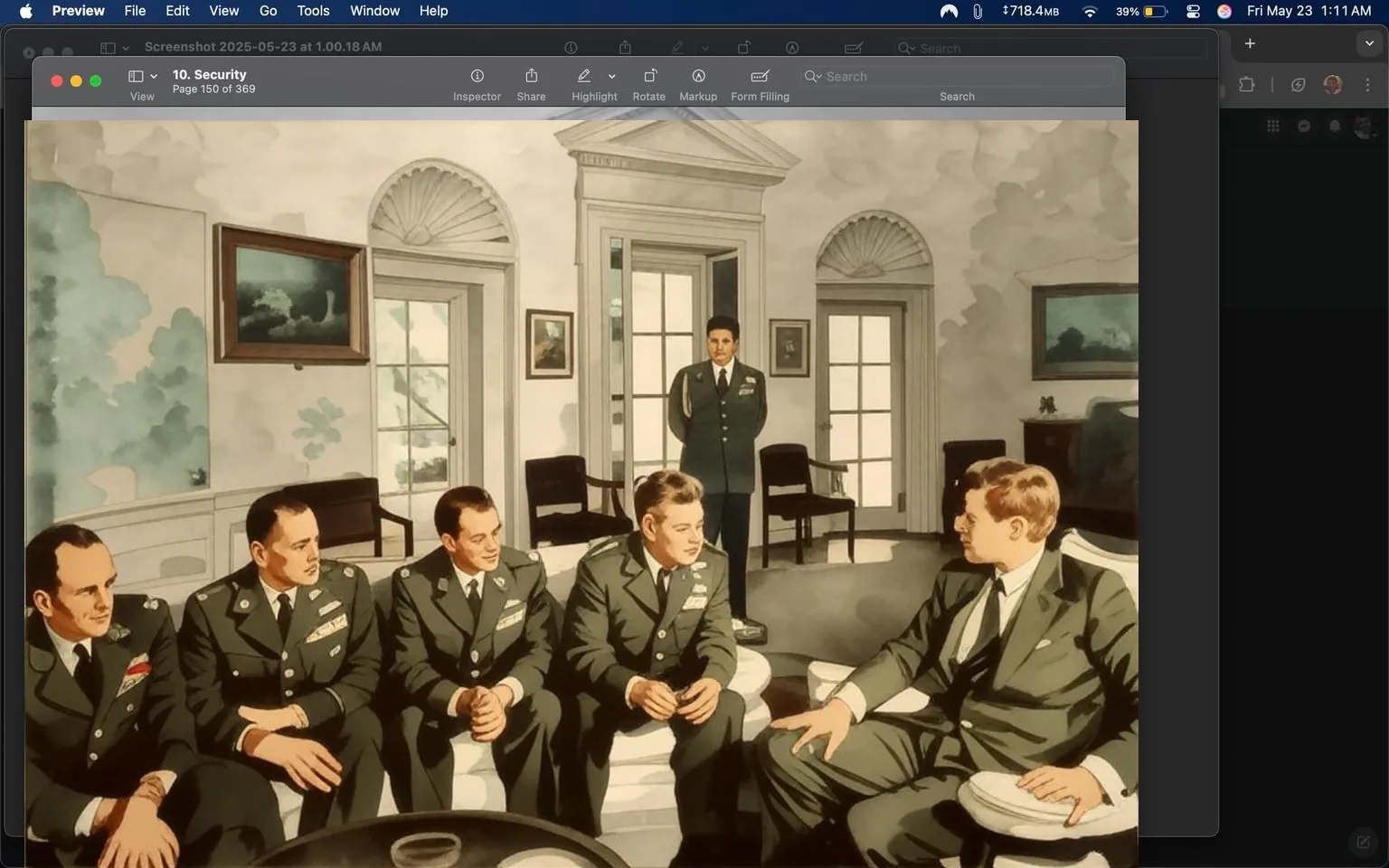 The image is a black-and-white photograph depicting a meeting in a formal setting, likely within a government building, given the decor and attire of the individuals present. 

In the foreground, there are five men seated on a light-colored sofa. They are all dressed in military uniforms, which include various insignia and badges. The man on the far left has a short haircut and appears to be looking at the man next to him. The second man from the left has a more serious expression and is holding his hands together. The third man, who is in the center, is engaged in conversation, gesturing with his hands. The fourth man appears to be listening intently, with a focused expression. The fifth man, who is seated on the right, is wearing a suit and tie, and is looking towards the center of the group, seemingly engaged in the discussion.

In the background, there is a man standing, dressed in a military uniform, facing the group. He has a serious demeanor and is positioned near a doorway that leads outside, where natural light is visible. The room features large windows with decorative shutters, and there are several framed pictures on the walls, although the content of these images is not discernible.

The furniture in the room includes a round table in front of the sofa, which has a small dish or bowl on it. The floor appears to be wooden, and the overall ambiance of the room is formal and professional, indicative of a high-level meeting.

No readable text, logos, or trademarks are visible in the image. The setting suggests a significant discussion, likely related to military or governmental matters, given the attire and the presence of military personnel.