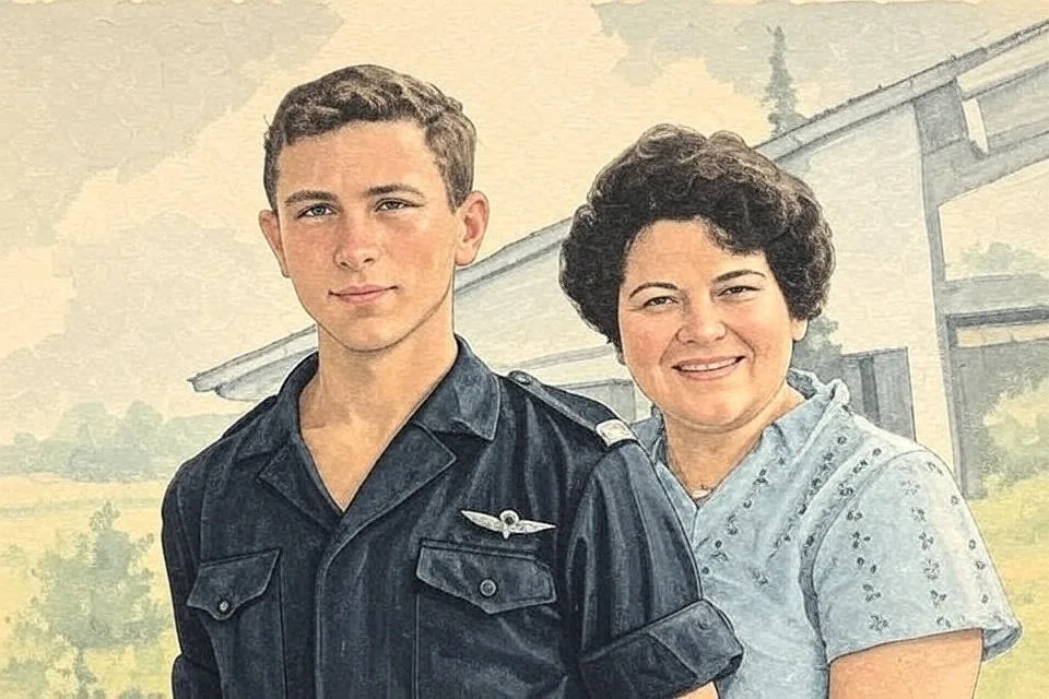 The image is a black-and-white photograph featuring two individuals. On the left is a young man, possibly in his late teens or early twenties, wearing a military-style uniform. The uniform is dark, with a button-up front and a patch or insignia on the left side of his chest, which appears to be an emblem, possibly indicating his rank or role. He has short, light-colored hair and is looking directly at the camera with a neutral expression.

To the right of the young man is a woman, who appears to be in her forties or fifties. She has dark, curly hair and is smiling warmly at the camera. She is wearing a light-colored blouse with a floral pattern. The woman is standing slightly behind the young man, with her arms around him, suggesting a close relationship.

The background of the image is somewhat blurred but indicates an outdoor setting, possibly a porch or a patio, with light-colored structures visible, suggesting a residential area. The lighting appears bright, indicating that the photo was taken during the day.

No readable text, logos, or trademarks are present in the image. The overall composition captures a moment of connection between the two individuals, with a focus on their expressions and attire.