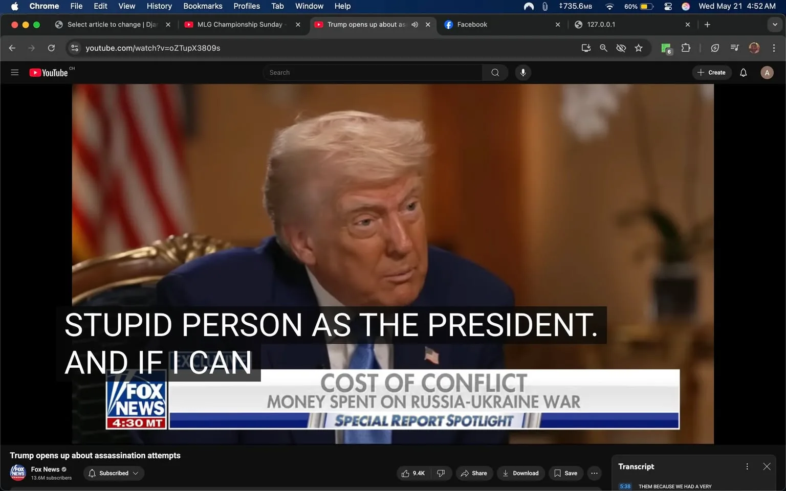 The image depicts a televised interview segment featuring a man with light-colored hair and a tan complexion, seated in a formal setting. He is wearing a dark blue suit with a light blue shirt and a tie. The man has a serious expression on his face, and he appears to be engaged in conversation, looking slightly to his left. 

In the background, there is a blurred interior setting with warm lighting. A potted plant is visible on the right side of the image, adding to the decor of the space. Behind the man, there is a flag, likely the American flag, partially visible, indicating a patriotic context.

At the bottom of the image, there is a graphic overlay that includes text reading "COST OF CONFLICT" and "MONEY SPENT ON RUSSIA-UKRAINE WAR," along with "SPECIAL REPORT SPOTLIGHT." The logo for Fox News is also present, indicating the network broadcasting the interview. The time displayed on the graphic is "4:30 PM."

Additionally, there are subtitles visible on the screen, with the text stating, "STUPID PERSON AS THE PRESIDENT. AND IF I CAN." The subtitles are in a bold, white font against a black background, making them easily readable.

Overall, the image captures a moment from a news interview, with specific branding and contextual elements that suggest a discussion on political matters.