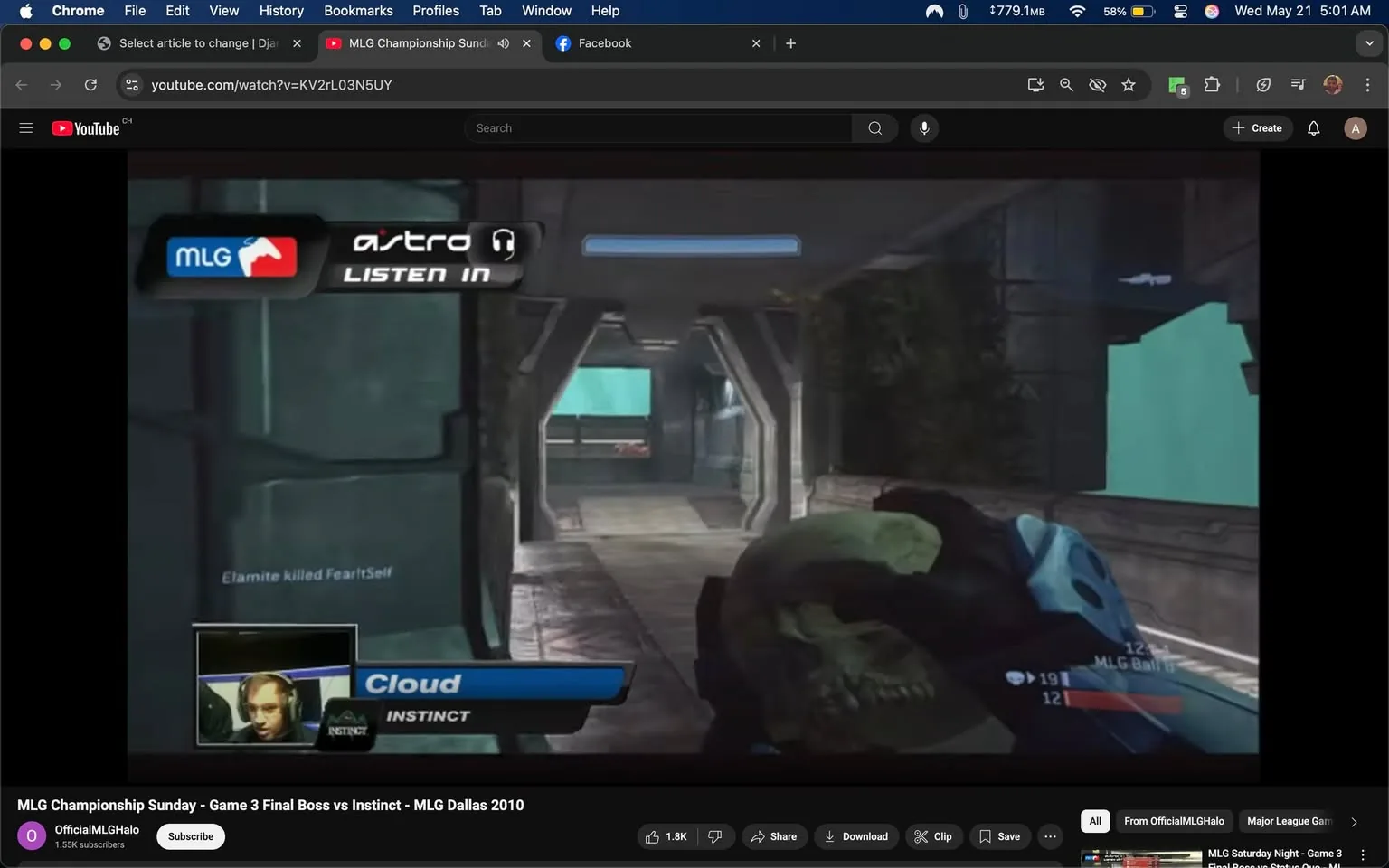 The image depicts a scene from a gaming event, specifically a match from the MLG (Major League Gaming) Championship Sunday, featuring a game titled "Halo." 

**Text and Logos:**
- The top left corner displays the "astro" logo, which is associated with Astro Gaming, a brand known for gaming headsets and accessories.
- Below the logo, the text "LISTEN IN" is visible, indicating a feature for audio commentary or communication.
- A player’s name, "Cloud," is prominently displayed in a blue banner at the bottom left, along with the team name "INSTINCT."
- There is additional text in the background stating "Elamite killed FearItSelf," which appears to be a notification of a player elimination in the game.

**Setting and Background:**
- The scene is set within a digital environment typical of the Halo game series, featuring a futuristic corridor with metallic walls and a floor that appears to be made of a textured material.
- The corridor is well-lit, with a bluish hue emanating from windows or screens in the background, suggesting a sci-fi aesthetic.
- There are plants or foliage visible on the right side of the corridor, adding to the environment's detail.

**Visible Objects:**
- In the foreground, a character is holding a skull-like object, which is likely a game item or weapon, indicative of the game's mechanics.
- The character is wearing a blue and black armor suit, typical of the Halo franchise, which features a helmet and protective gear.

**Appearance and Actions:**
- The character's hands are gloved, and the grip on the skull-like object is firm, suggesting an active gameplay moment.
- The character's face is not fully visible as they are likely wearing a helmet, but the focus is on the action of holding the item.

**Overall Context:**
- The image captures a moment of competitive gaming, likely during a high-stakes match, as indicated by the MLG branding and the presence of player statistics.
- The atmosphere is one of concentration and intensity, typical of esports events, where players engage in strategic gameplay.

This description encompasses all observable details without speculation or subjective interpretation, focusing solely on the factual elements present in the image.