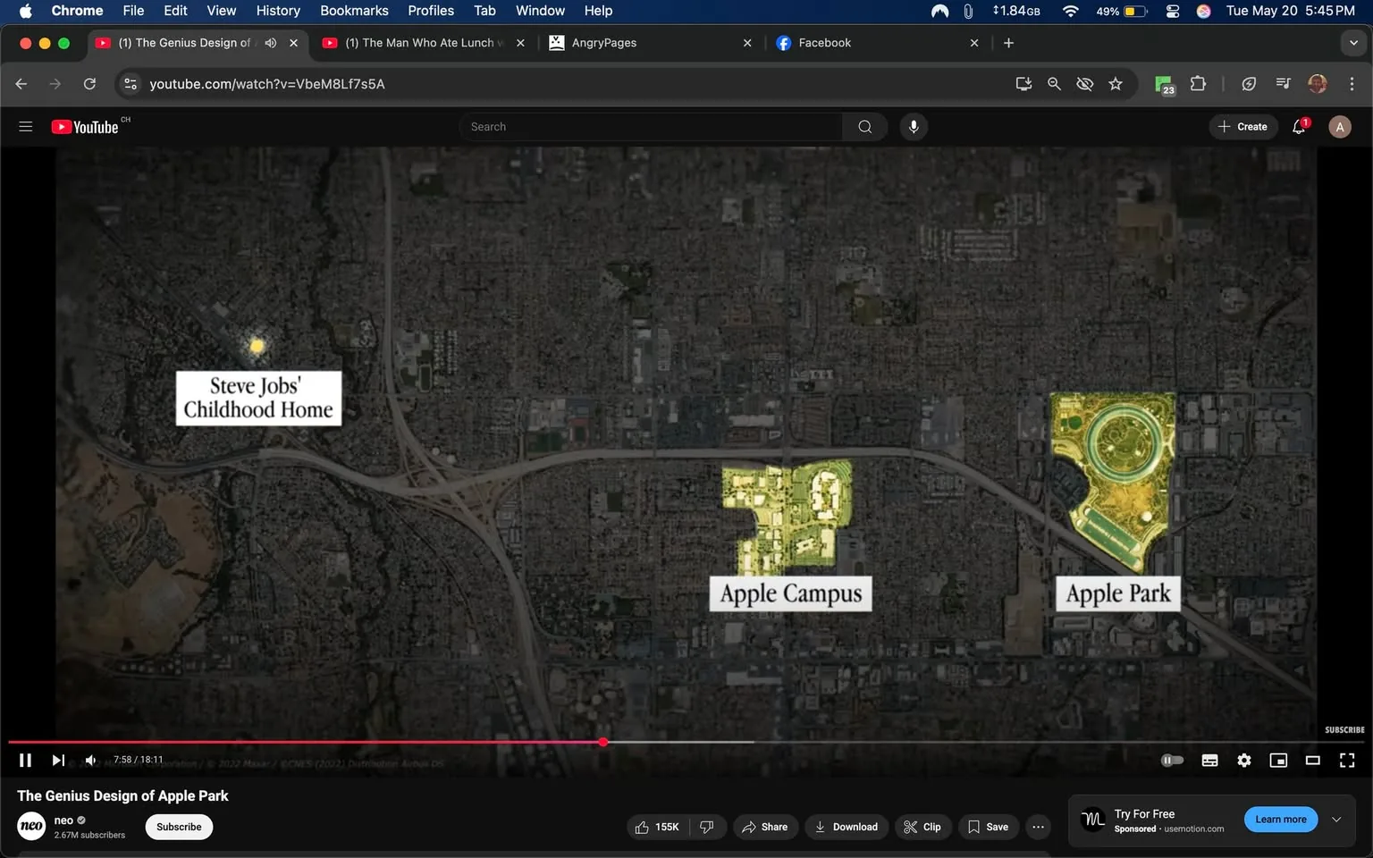 The image is a screenshot from a YouTube video titled "The Genius Design of Apple Park." It features a dark map-like background with various geographical elements visible. 

1. **Readable Text**: 
   - The text "Steve Jobs' Childhood Home" is displayed in a white font, positioned near the top left of the image. 
   - The text "Apple Campus" is also in white font, located in the center of the image, slightly to the right.
   - The text "Apple Park" appears in white font on the right side of the image.

2. **Geographical Features**: 
   - The map shows a layout of a suburban area with a network of roads, including a prominent highway that runs horizontally across the image.
   - The areas labeled "Apple Campus" and "Apple Park" are highlighted in a light yellowish-green color, making them stand out against the darker background of the map.
   - The area surrounding these locations appears to be densely populated with a grid-like pattern, indicating residential or commercial buildings.

3. **Setting and Background**: 
   - The overall setting is a digital map representation, likely of Cupertino, California, where Apple’s headquarters are located.
   - The background is dark, which contrasts with the highlighted areas and text, giving a clear view of the labeled locations.

4. **No People or Objects**: 
   - There are no visible people, clothing, or facial expressions in this image, as it is purely a map screenshot.

5. **No Brands or Logos**: 
   - While the text references Apple, there are no logos or trademarks visible in the image itself.

Overall, the image serves as a geographical reference point, highlighting significant locations related to Steve Jobs and Apple in a clear and informative manner.