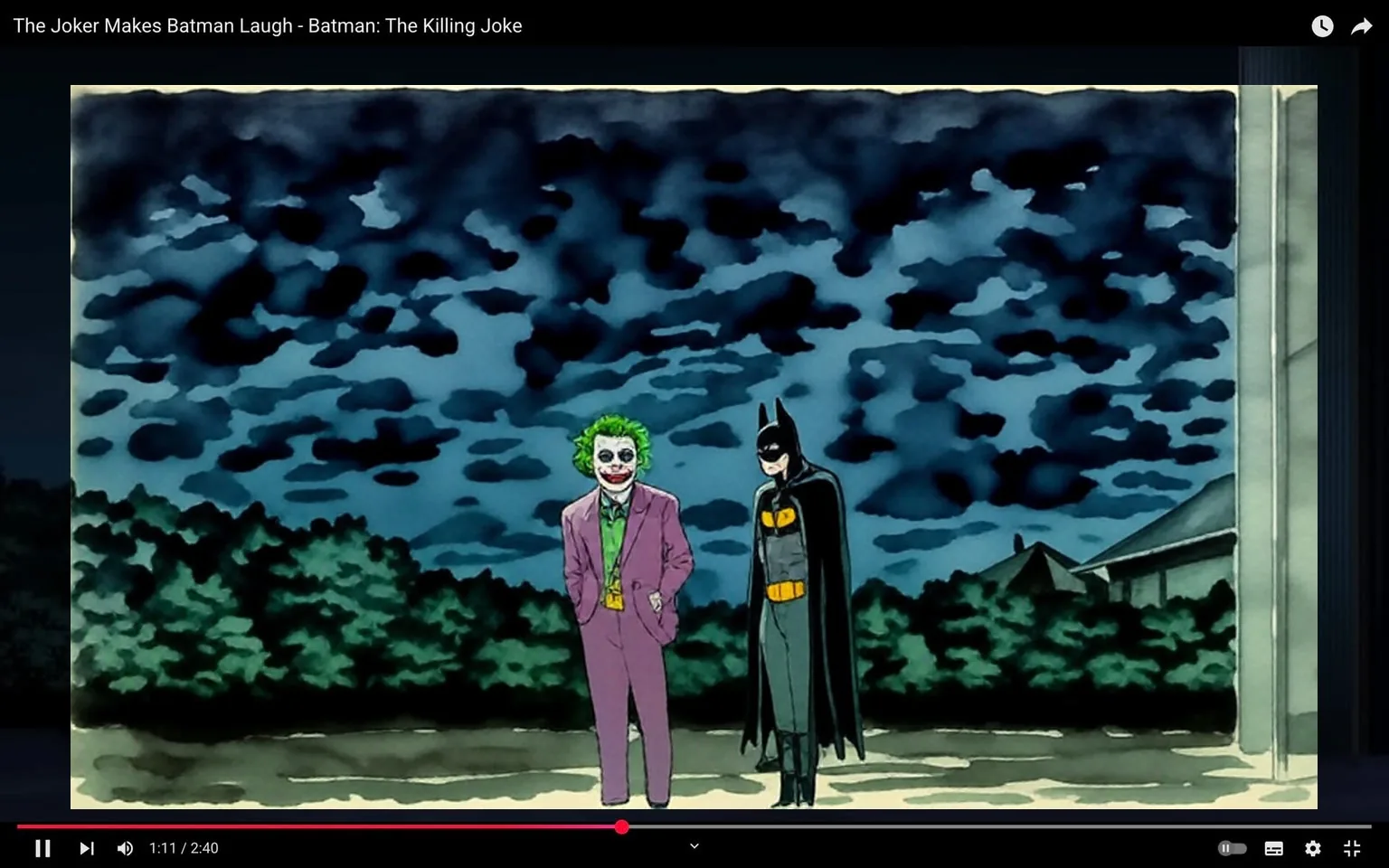 The image depicts a scene from the animated film "Batman: The Killing Joke." It features two characters standing in a dark, nighttime setting. 

1. **Characters**:
   - **The Joker**: Positioned on the left, he has a pale complexion and a wide, exaggerated grin. His hair is green and slicked back. He is wearing a purple suit with a yellow vest and a bow tie. His hands are tucked into his pockets, and he appears to be looking slightly to the side.
   - **Batman**: Positioned on the right, he is dressed in a black, form-fitting suit with a cape that flows down to the ground. His cowl covers his entire head, leaving only his mouth visible. He stands with a serious posture, facing slightly towards the Joker but looking ahead.

2. **Setting**:
   - The background is dark, with a night sky that has a few clouds. There are silhouettes of trees and possibly buildings in the distance, indicating an outdoor location, likely a secluded area or rooftop. The ground appears to be a flat surface, possibly concrete or asphalt.

3. **Lighting**:
   - The scene is dimly lit, with the primary light source being the moonlight, casting shadows and creating a moody atmosphere.

4. **Text**:
   - There is no readable text, headlines, signs, or logos visible in the image.

5. **Overall Composition**:
   - The characters are positioned in a way that suggests a confrontation or dialogue, with the Joker's playful demeanor contrasting with Batman's serious demeanor. The framing focuses on both characters, emphasizing their contrasting appearances and roles.

This description captures the observable details in the image without interpretation or speculation.