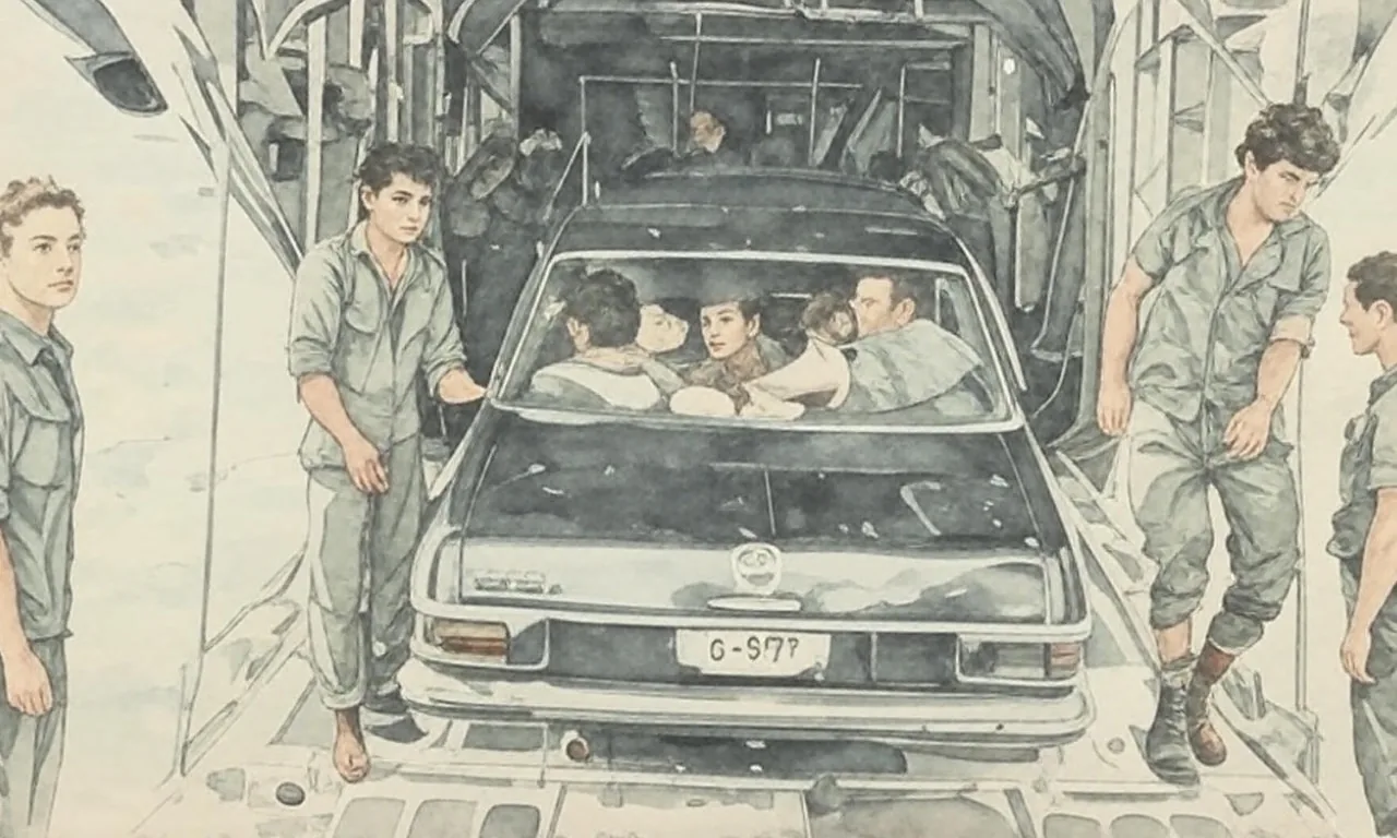 The image depicts a military transport aircraft's interior, where a black Mercedes-Benz car is being loaded. The car is positioned on a ramp inside the aircraft, with its front facing outward. The vehicle appears to be an older model, specifically a 220D, as indicated by the badge on the rear. The car's license plate is partially visible, showing the number "0-997."

Inside the car, several individuals are seated, with at least four visible occupants. They appear to be men, some of whom are wearing casual clothing, while others are dressed in military-style attire. The expressions on their faces range from serious to concerned, suggesting a tense situation. One person in the driver's seat is looking directly ahead, while another is leaning back, seemingly engaged in conversation with the others.

Surrounding the car, several military personnel are present. They are dressed in camouflage uniforms, and some are wearing flight suits. Their postures indicate they are actively involved in the loading process, with one individual standing near the car's open door, appearing to assist or supervise. The interior of the aircraft is metallic and utilitarian, with visible structural elements such as beams and straps used for securing cargo.

The background shows the aircraft's loading ramp, which is open to the outside, allowing natural light to enter. The overall atmosphere suggests a military operation, possibly involving an urgent or emergency situation, given the presence of the car and the demeanor of the personnel. The image is in black and white, contributing to a historical or documentary feel.