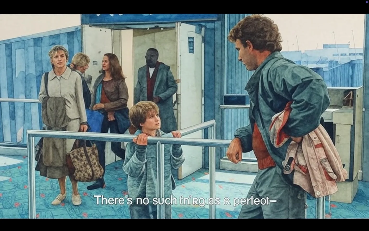 The image depicts a scene set in an airport terminal. In the foreground, a young boy is leaning against a railing, holding onto it with both hands. He has short, dark hair and is wearing a light blue and gray striped sweater with a hood. His expression appears serious as he looks up at an adult man standing nearby.

The adult man is dressed in a dark green jacket, which is slightly unzipped, revealing a red shirt underneath. He has curly hair and is holding a jacket in one hand, while his other hand rests on the railing. His posture suggests he is engaged in conversation with the boy, who seems to be listening intently.

In the background, there are several other individuals. A woman with short blonde hair, dressed in a light-colored suit, walks past the boy and man. She appears to be focused on her surroundings. Another woman with long brown hair, wearing a dark jacket, is walking alongside a man in a suit, who has a serious expression. They are moving towards the exit of the terminal.

The setting features large glass windows that allow natural light to enter, and there are visible airport elements such as a door labeled "PUSH" and a check-in area. The floor has a patterned carpet with green and blue designs, typical of airport interiors. The overall atmosphere suggests a busy travel environment, with people moving about and preparing for flights.

No specific brands, logos, or trademarks are visible in the image. The focus remains on the individuals and their interactions within the airport setting.