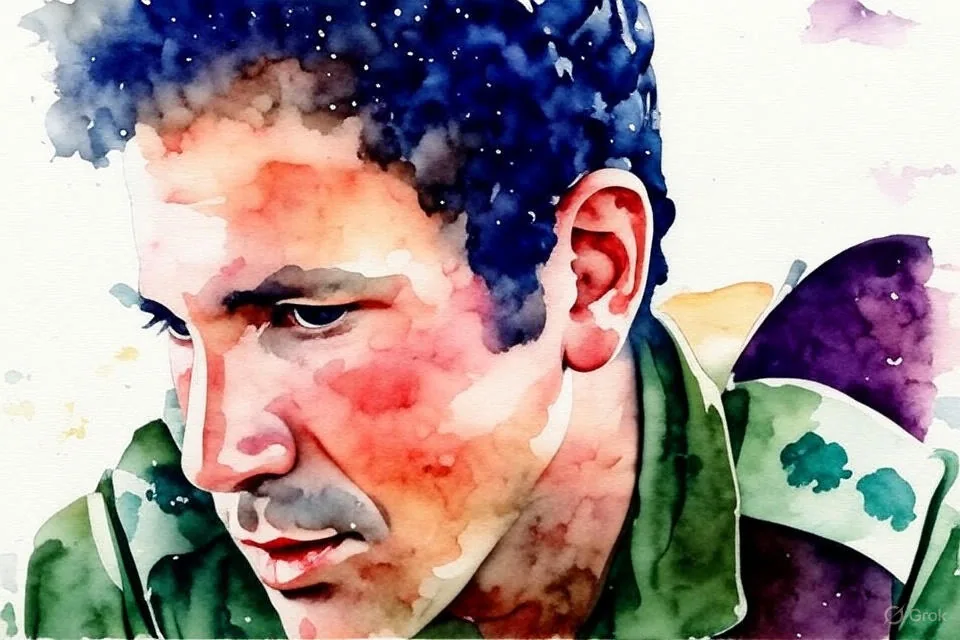 The image features a close-up of a man with curly dark hair and a serious expression. He appears to be in his late twenties to early thirties. His skin tone is fair, and he has a slight stubble on his face. The man is wearing a military-style shirt, which is olive green in color. The shirt has epaulets on the shoulders, and there is a visible insignia or patch on the right shoulder, which features a design that resembles a cloud or a leaf pattern in a light color.

His gaze is directed downward, suggesting a moment of contemplation or focus. The background is slightly blurred, indicating that the focus is primarily on the man. There are hints of a light-colored wall or surface behind him, but no distinct objects or features are identifiable in the background.

No readable text, logos, or trademarks are present in the image. The overall composition emphasizes the man's facial features and expression, with a soft focus on the surrounding environment. The lighting appears natural, highlighting the contours of his face and the texture of his hair.