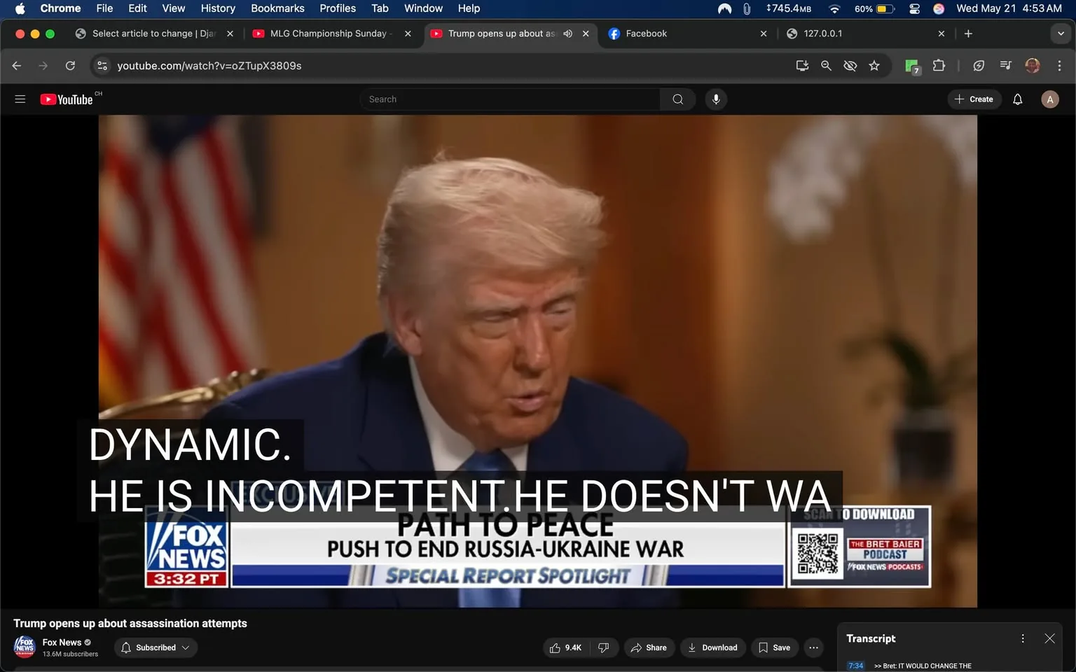 The image depicts a scene from a video interview featuring a man with light-colored hair styled in a comb-over. He is wearing a dark blue suit with a white shirt and a blue tie. His facial expression appears serious as he is engaged in conversation. The background is softly blurred, but hints of an indoor setting can be seen, including a plant and what appears to be a decorative element, possibly an orchid.

In the lower part of the image, there is a graphic overlay that includes text. The text reads "PATH TO PEACE" and "PUSH TO END RUSSIA-UKRAINE WAR," indicating the topic of discussion. Below this, the words "SPECIAL REPORT SPOTLIGHT" are visible, along with the logo for Fox News, which features a stylized representation of the letters "F" and "N" in red and blue. The time displayed on the graphic is "3:32 PM."

Additionally, there are subtitles visible on the screen, with phrases such as "DYNAMIC. HE IS INCOMPETENT HE DOESN'T WA," suggesting a continuation of a statement that is cut off. The overall color palette of the image includes warm tones from the background and cooler tones from the subject's clothing.

The setting appears to be a formal interview environment, likely designed for a news broadcast, given the presence of the news logo and the structured layout of the text. The image is framed to focus on the subject, with the background elements providing context without drawing attention away from the main figure.