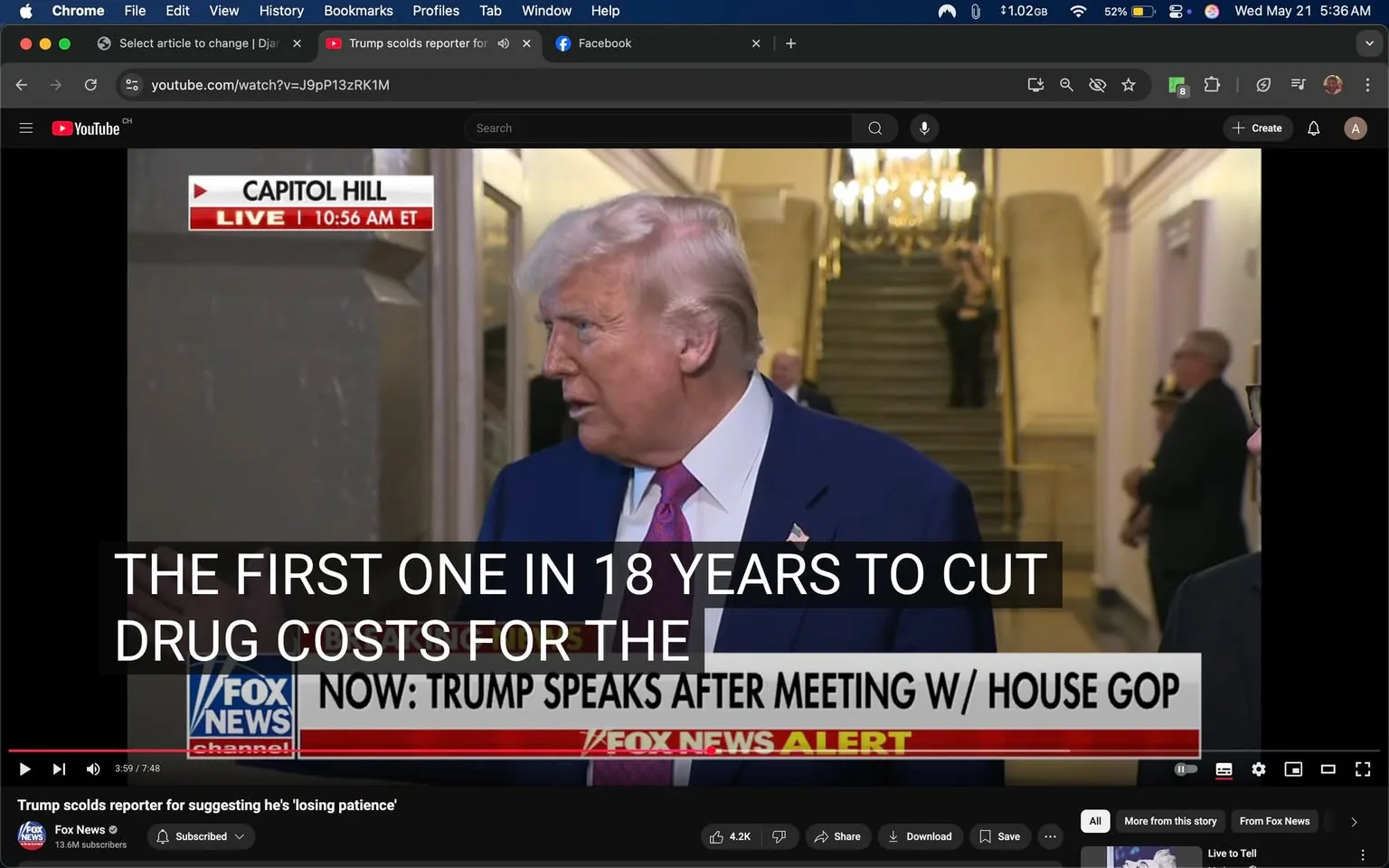The image depicts a scene from a news broadcast featuring a man, who appears to be a public figure, speaking in a corridor. He has light-colored hair styled in a comb-over and is wearing a dark blue suit jacket over a white shirt, with a pink tie. The man is facing slightly to the right, engaged in conversation, and his expression appears serious. 

In the background, there is a staircase leading upward, with a chandelier visible, indicating an indoor setting that resembles a government building, likely Capitol Hill, as indicated by the text overlay. The corridor walls are painted in a light color, and there are people visible in the background, some standing and others partially obscured.

The lower part of the image contains several text overlays. The first line reads, "THE FIRST ONE IN 18 YEARS TO CUT DRUG COSTS FOR THE," in bold, white text with a black background, indicating a significant announcement or statement. Below this, there is another text overlay that states, "NOW: TRUMP SPEAKS AFTER MEETING W/ HOUSE GOP," which is in a smaller font and includes the Fox News logo in the corner. The logo features a red and blue color scheme, with the word "FOX" prominently displayed.

The video player interface is visible at the bottom, showing controls for play, pause, and volume, along with a timestamp indicating the video is at 3 minutes and 59 seconds into a total length of 7 minutes and 48 seconds. The channel name "Fox News" is also displayed, along with a subscriber count of 13.6 million.

Overall, the setting is formal, likely related to political discourse, with a focus on a significant announcement regarding drug costs.