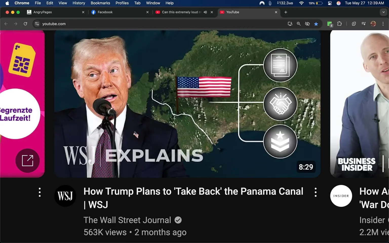 The image is a screenshot of a YouTube video interface. The video is titled "How Trump Plans to 'Take Back' the Panama Canal" and is published by The Wall Street Journal (WSJ). The video has garnered 563,000 views and was uploaded two months ago. 

In the foreground, there is a close-up of a man speaking into a microphone. He has light-colored hair styled in a comb-over and is wearing a dark suit with a white shirt and a black tie. His facial expression appears animated, with his mouth open as if he is making a point. 

In the background, there is a map of Panama, prominently featuring the Panama Canal. An American flag is displayed on the map, indicating a connection to the United States. There are three circular icons on the right side of the image, each containing different symbols: one appears to depict a document or contract, another shows a handshake, and the third features a star, possibly indicating military or governmental significance.

The video interface includes a black bar at the bottom with the title of the video in white text, and the WSJ logo is visible. To the left of the video, there is a colorful advertisement featuring a pink and purple design with text in German that reads "Begrenzte Laufzeit!" which translates to "Limited Time!" 

The overall setting is digital, as indicated by the YouTube interface, with various elements typical of a video platform, such as the play button, view count, and channel name. The background map of Panama provides geographical context related to the video's content.