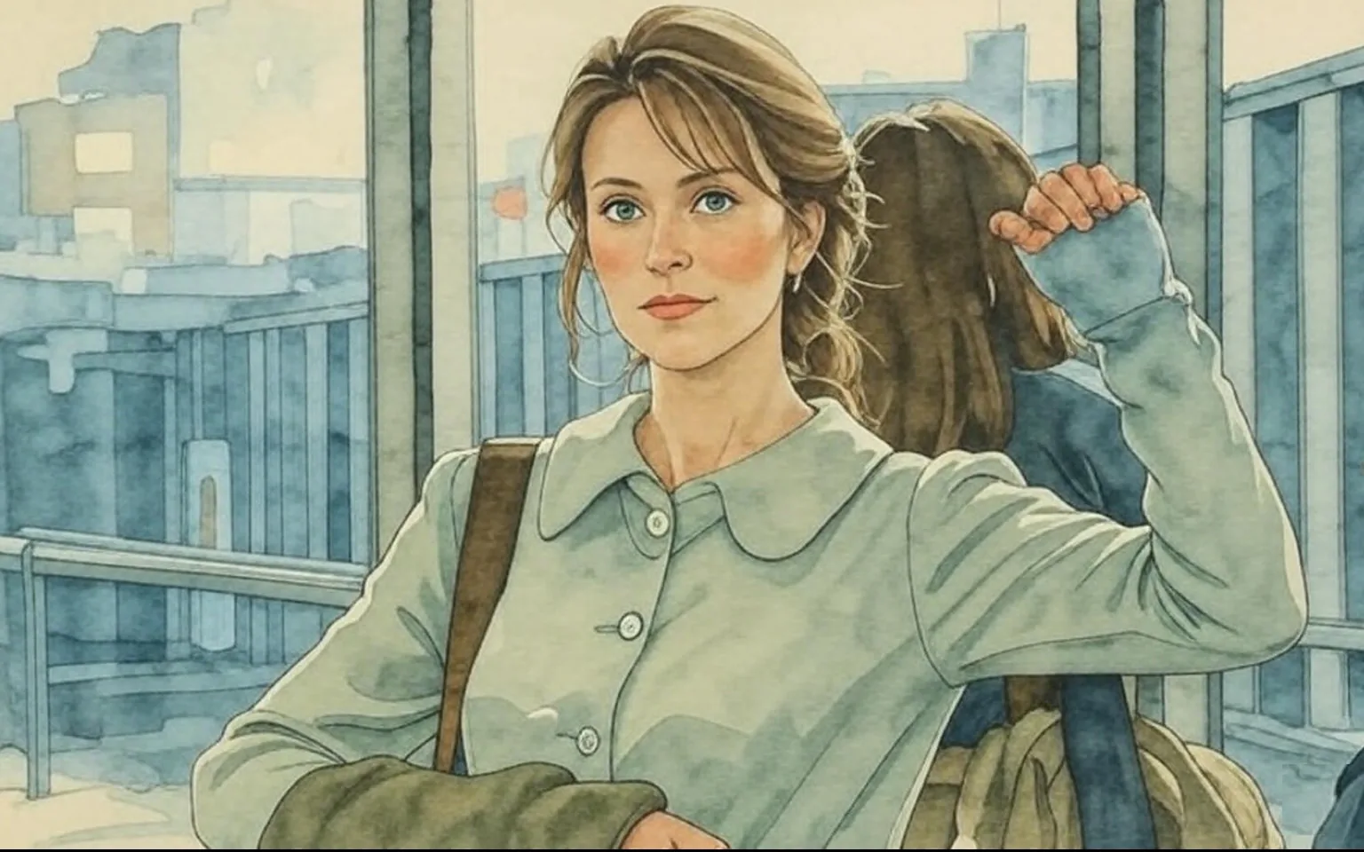 The image depicts a woman standing in an airport setting. She has shoulder-length, wavy blonde hair and is wearing a light-colored, collared coat with a button-up front. The coat appears to be a soft beige or cream color, and she has a subtle necklace around her neck. Her makeup is natural, with a focus on her eyes, which are blue. She has a calm expression on her face, with slightly pursed lips.

In her right hand, she holds a dark bag, possibly a handbag or tote, while her left arm is raised, suggesting she may be adjusting or holding another bag. The background features large glass windows that allow natural light to enter, revealing a blurred view of airport structures and possibly other travelers. The setting appears to be busy, typical of an airport environment, but the focus remains on the woman.

There are no visible signs, logos, or text in the image. The overall atmosphere suggests a moment of transition, as she seems to be arriving or departing. The colors in the image are soft and muted, contributing to a calm yet dynamic airport ambiance.