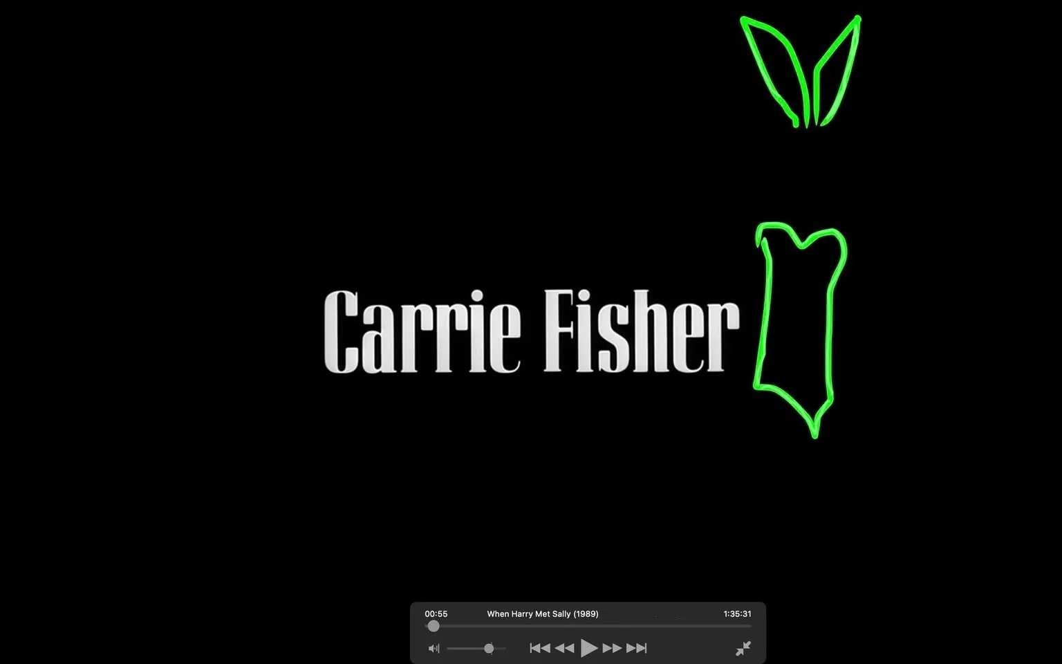 The image features a black background with the name "Carrie Fisher" prominently displayed in large, white, serif font. The text is centered and appears to be part of a film or video title sequence. Above the name, there are two green outlines that resemble a pair of bunny ears and a stylized heart shape or dress. These illustrations are simple and cartoonish, contrasting with the formal appearance of the text.

At the bottom of the image, there is a video player interface. It shows the current time at 00:55, indicating that the video is at the 55-second mark. The title of the video is "When Harry Met Sally (1989)" along with additional details indicating it is in 1080p resolution and has multiple language options (ENG-ITA). The player controls include buttons for play, pause, rewind, and fast forward, along with a timeline bar showing the total duration of the video as 1:35:31.

The overall composition is minimalistic, focusing on the text and the video player interface, with no additional elements or distractions in the background. The color scheme is primarily black, white, and green, creating a stark contrast that draws attention to the name and the video controls.